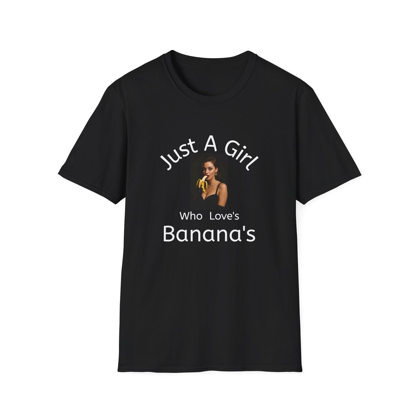 Black t-shirt with a graphic of a woman eating a banana and text on a white background