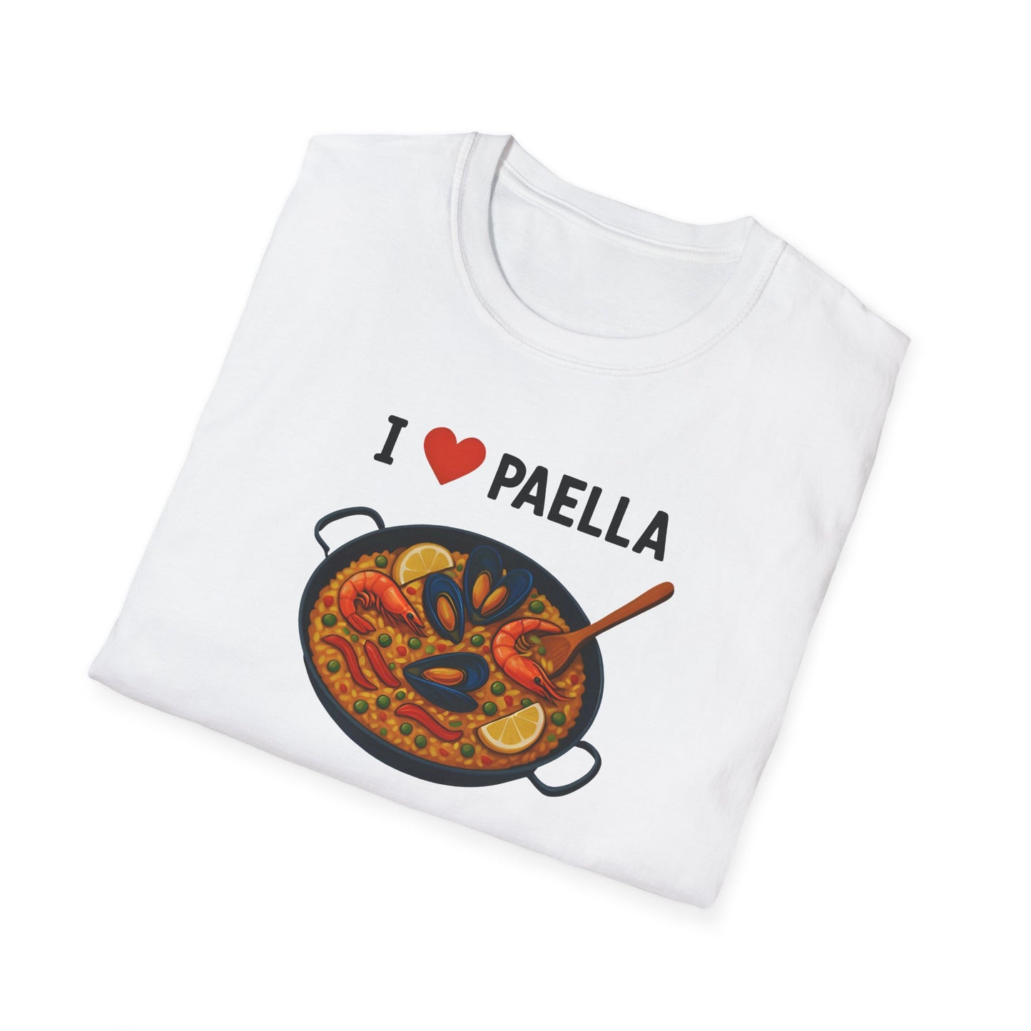 White t-shirt with a paella design and 'I ❤️ Paella' text on a white background