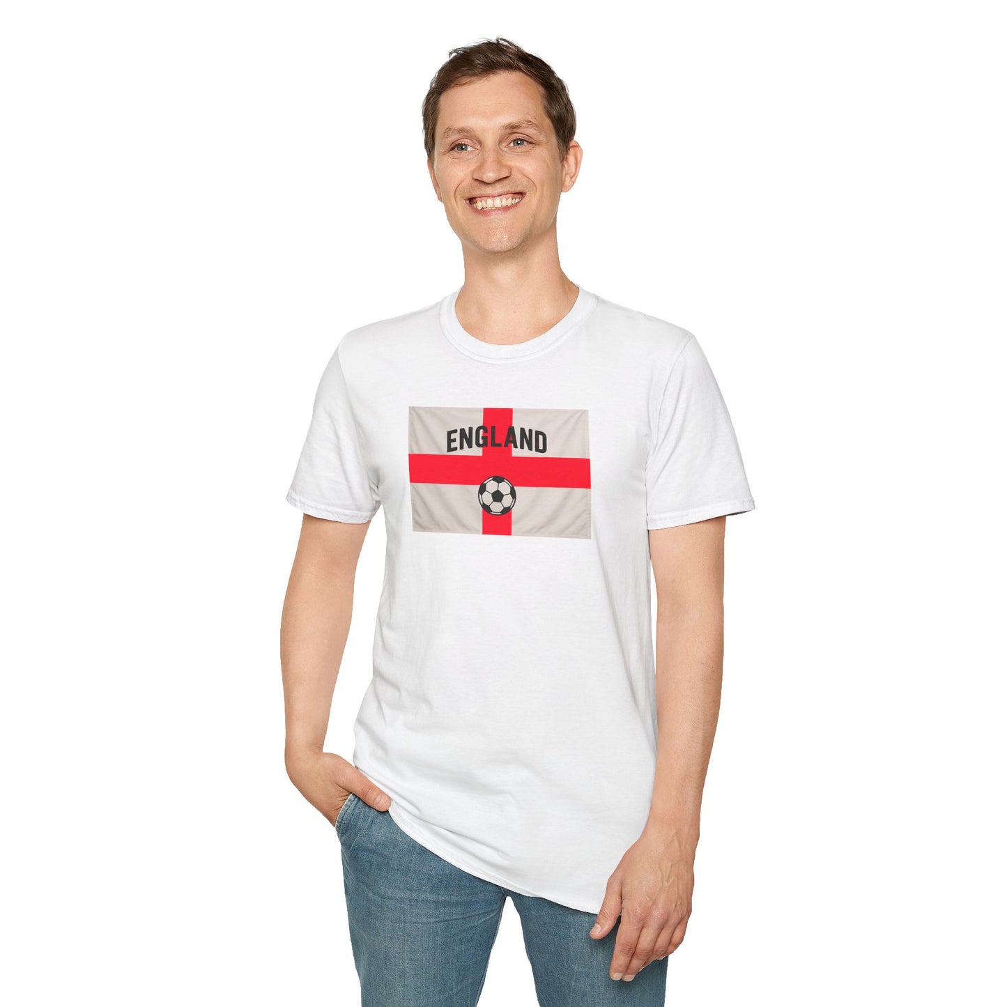 Person wearing a white t-shirt with an England St George flag football design on a white background