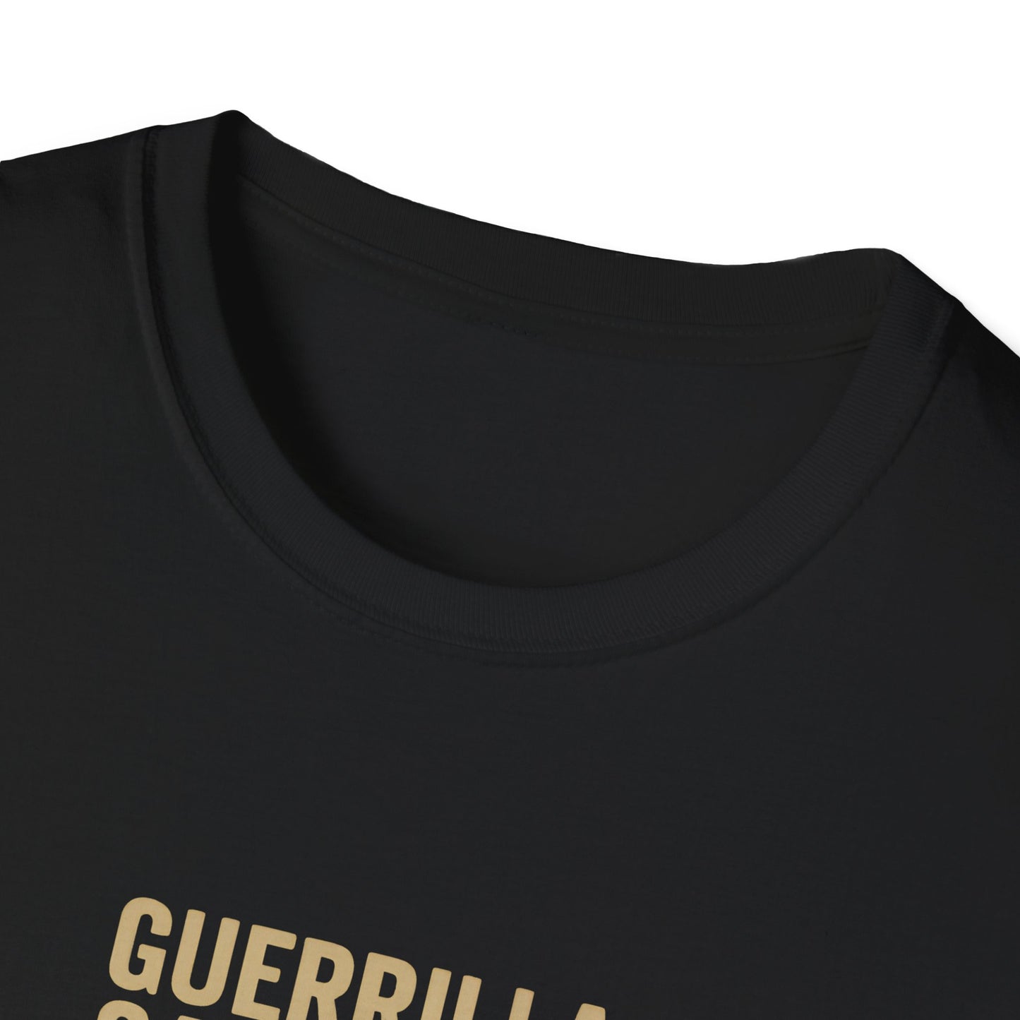 Black t-shirt with 'GUERRILLA' text in gold on a white background