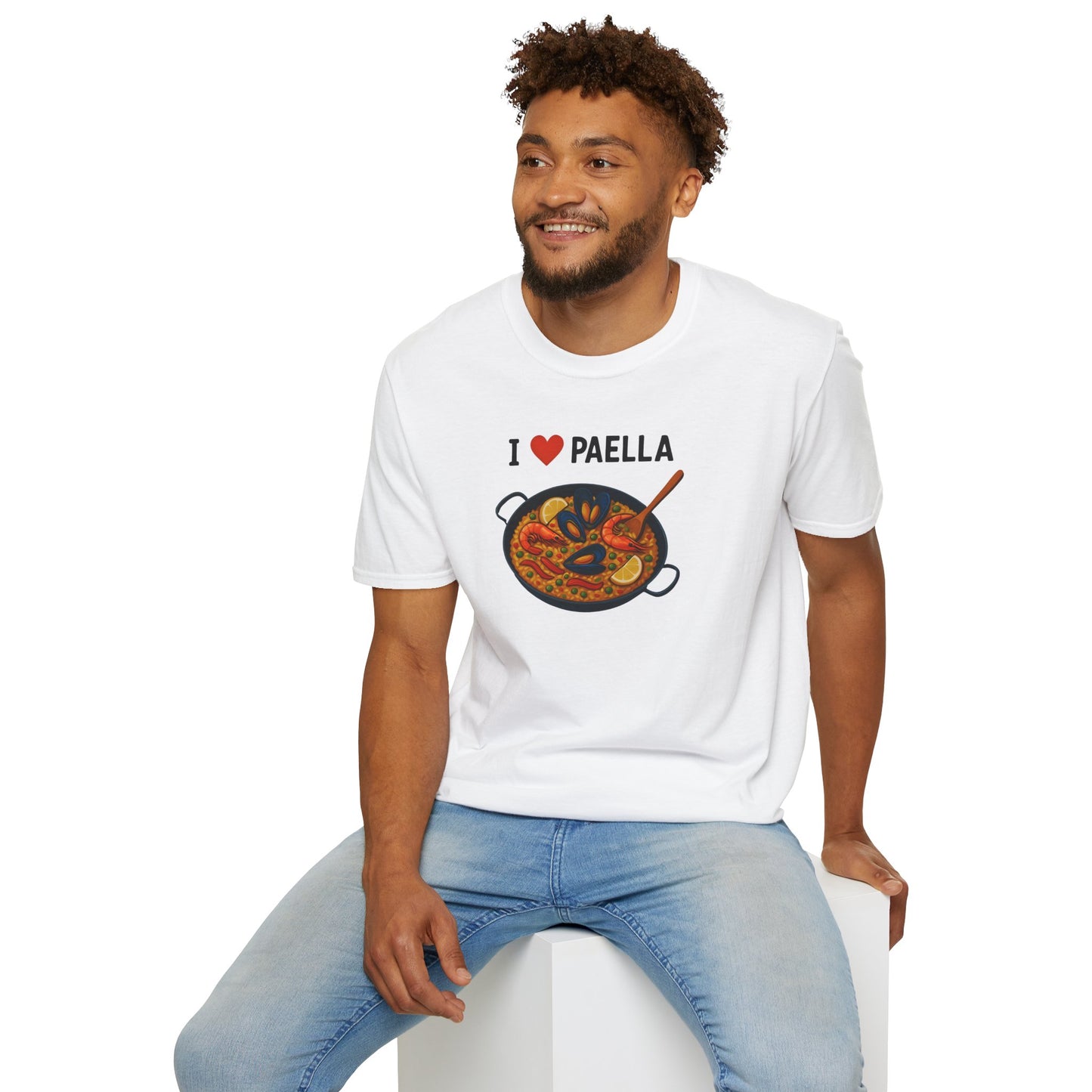 Man wearing a white t-shirt with 'I ❤️ Paella' design on a white background