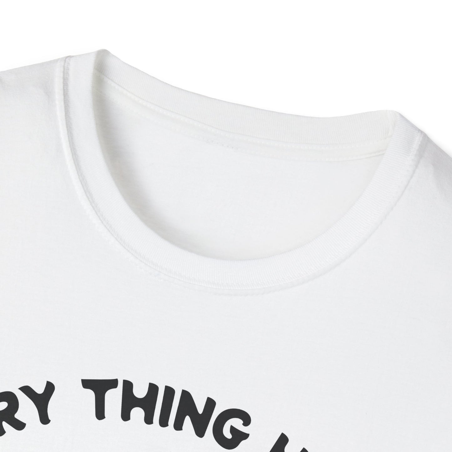 White t-shirt with black text on a white background