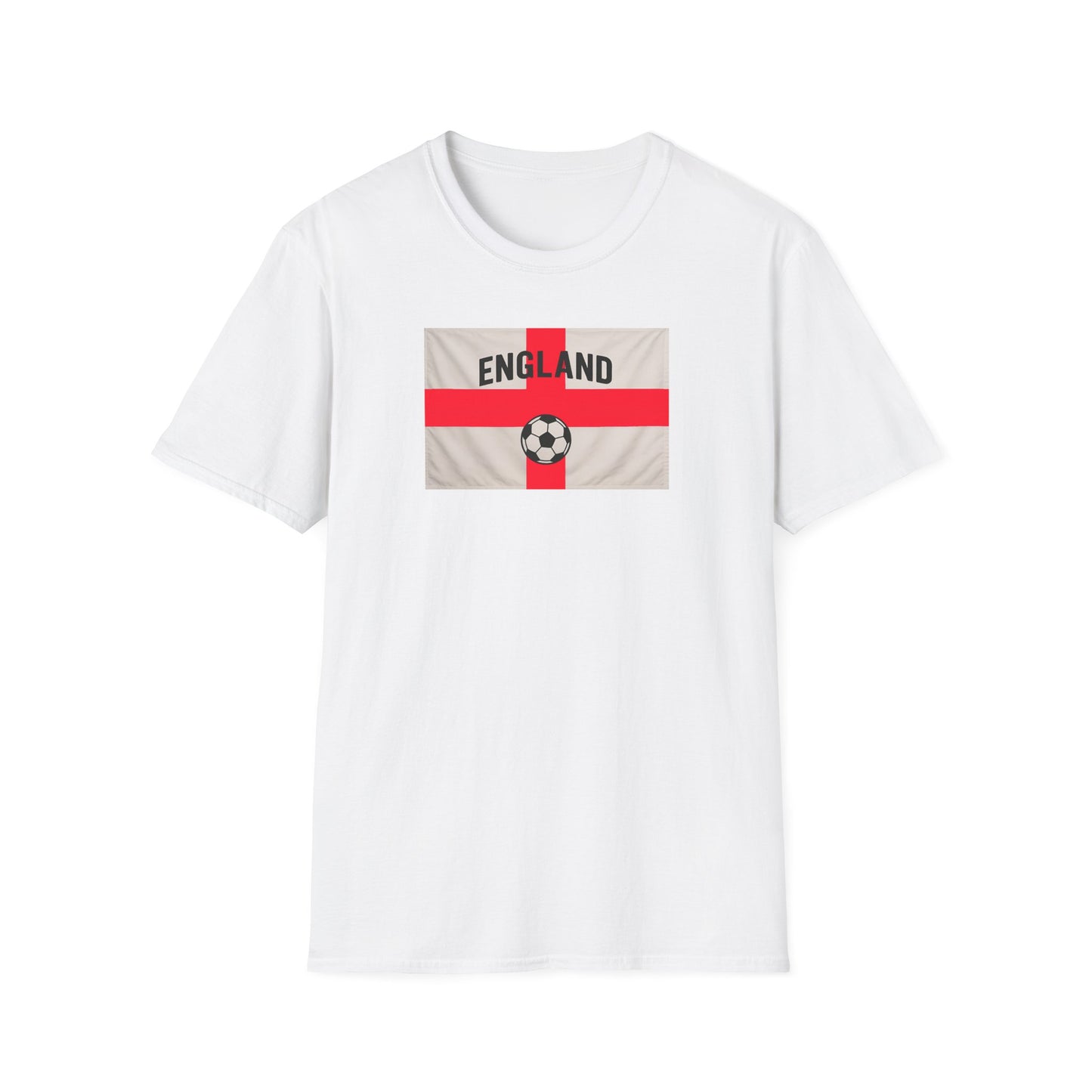 White t-shirt with England St George flag and soccer ball design on a white background