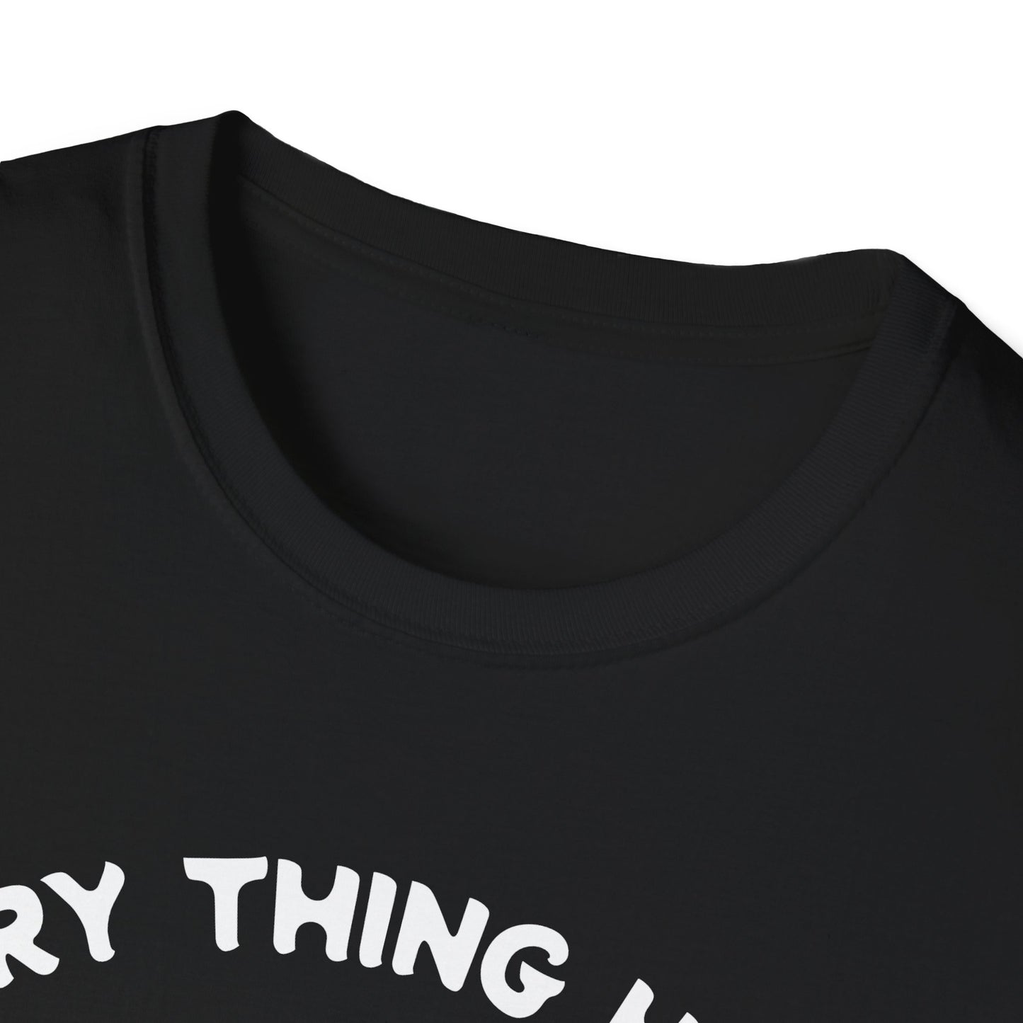 Black t-shirt with white text on a white background