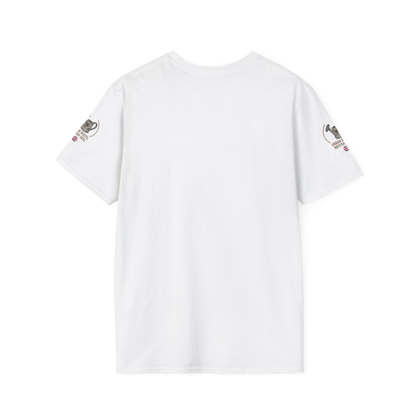 White t-shirt with small logos on sleeves against a white background
