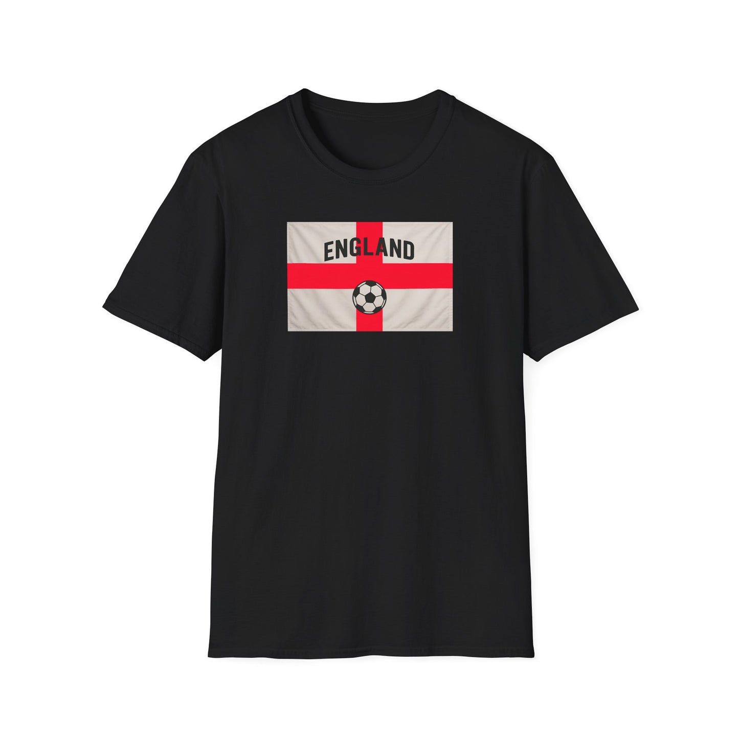 Black t-shirt with England St George flag and soccer ball design on a white background