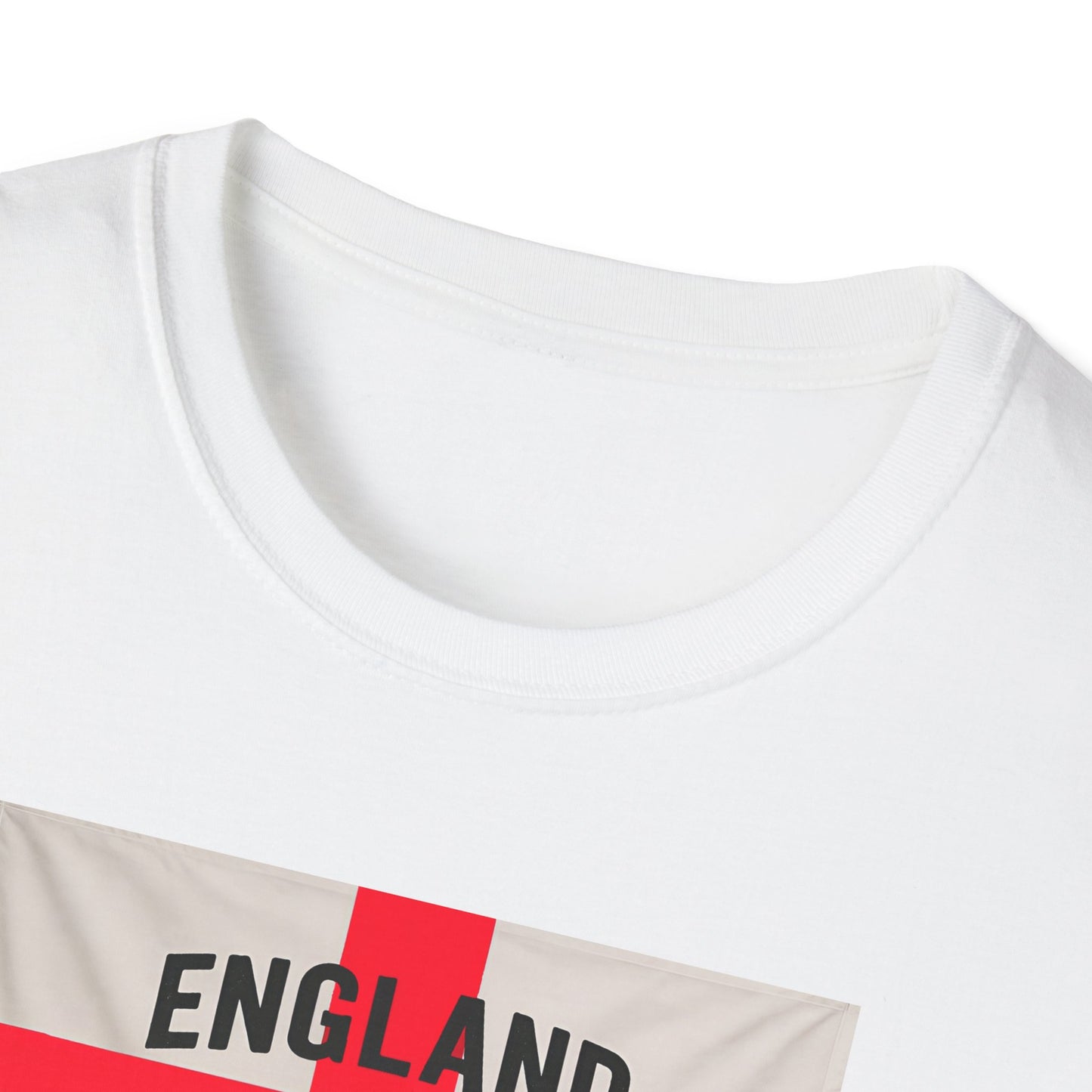 White t-shirt with 'ENGLAND' printed on a red and beige background