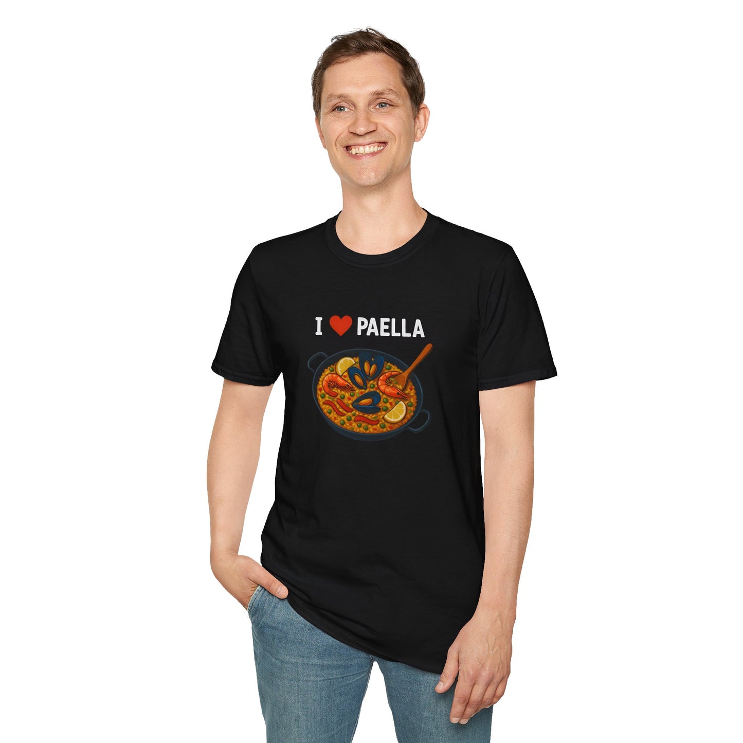 Person wearing a black t-shirt with 'I ❤️ Paella' design on a white background