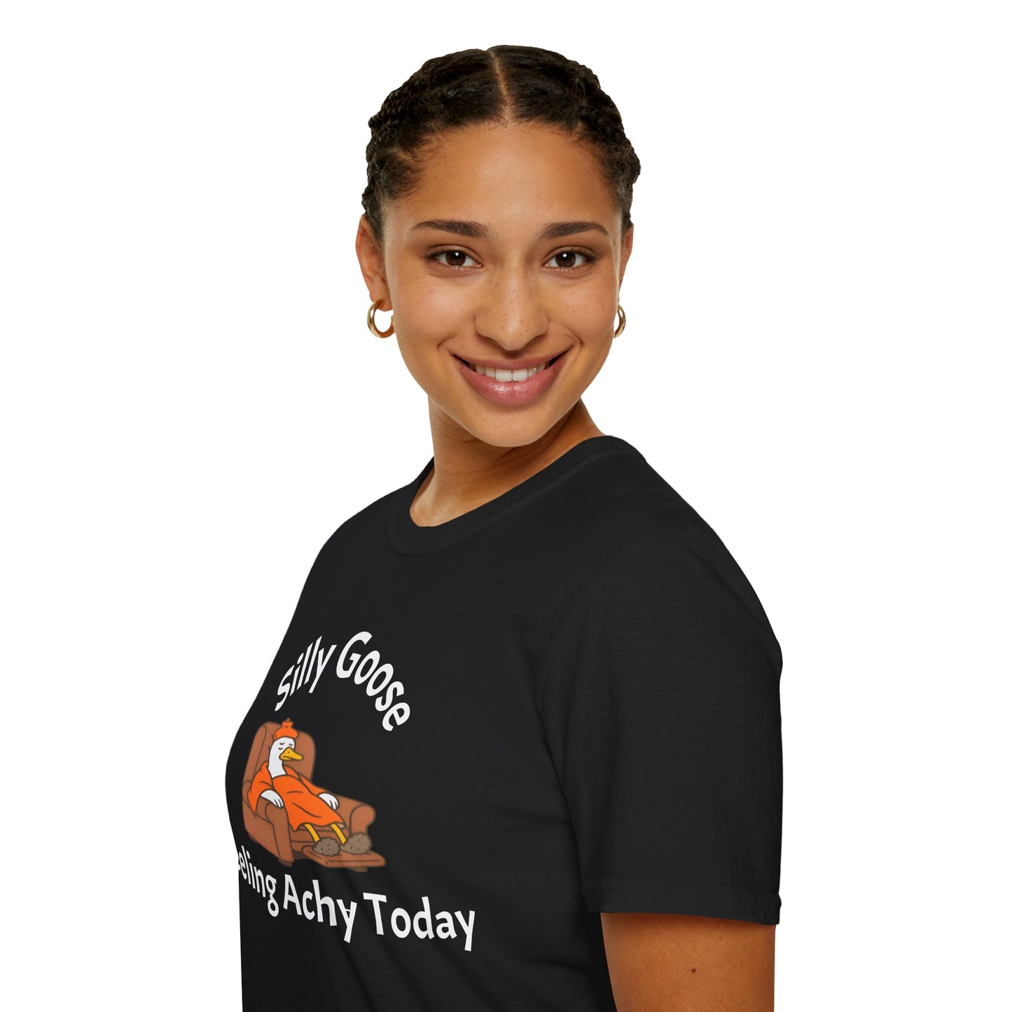 Person wearing a black t-shirt with a silly goose graphic and text on a black background
