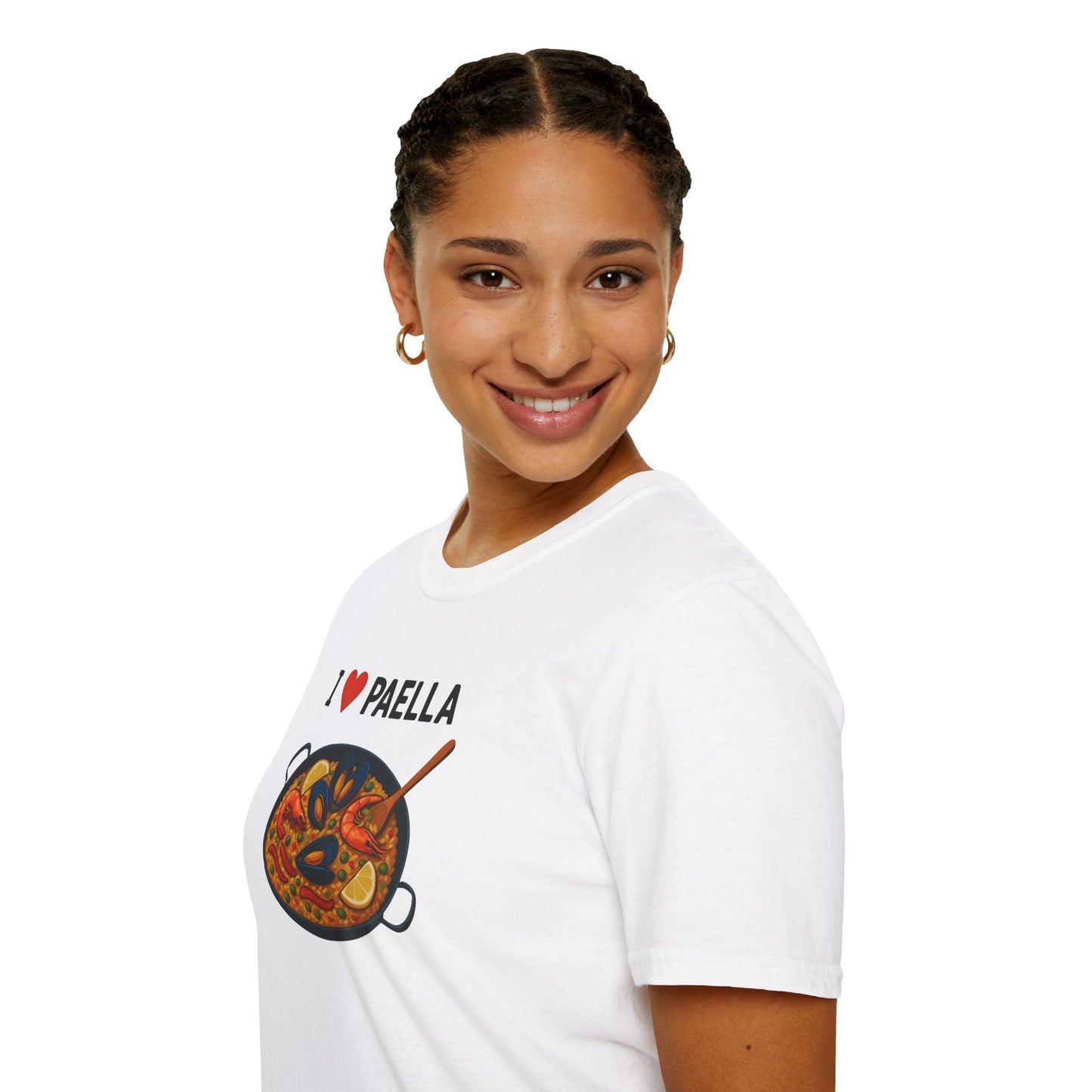 Person wearing a white t-shirt with 'I love Paella' design on a white background