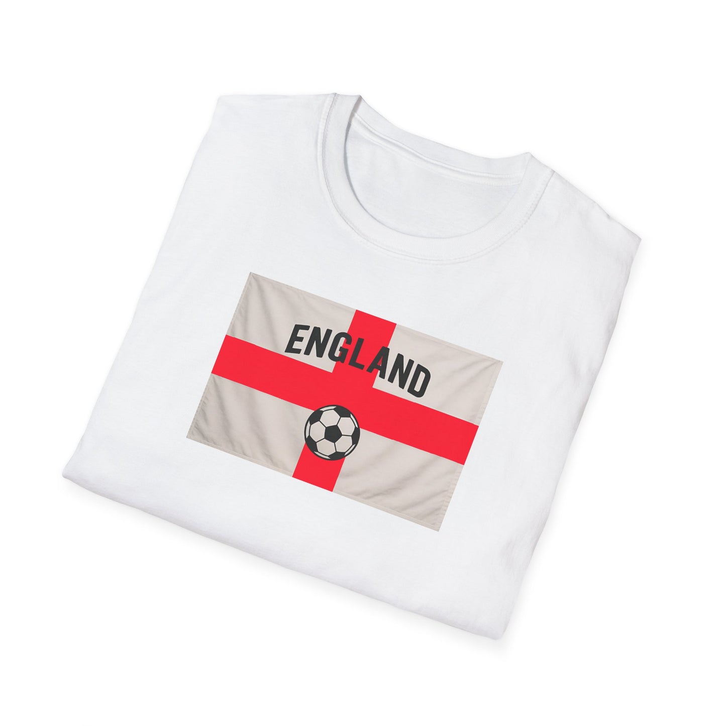 White t-shirt with England flag and soccer ball design on a white background