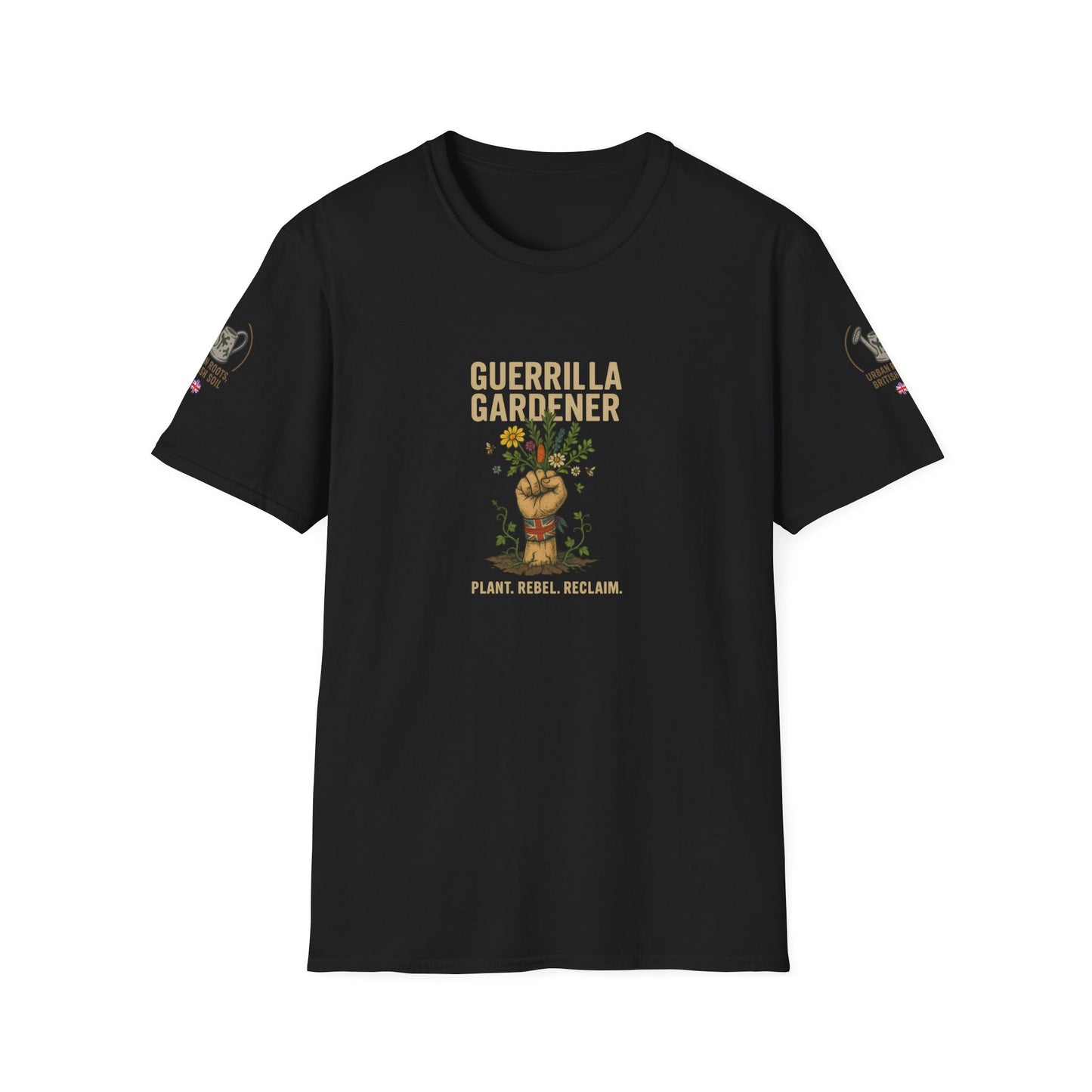 Black t-shirt with 'Guerrilla Gardener' graphic design on a white background