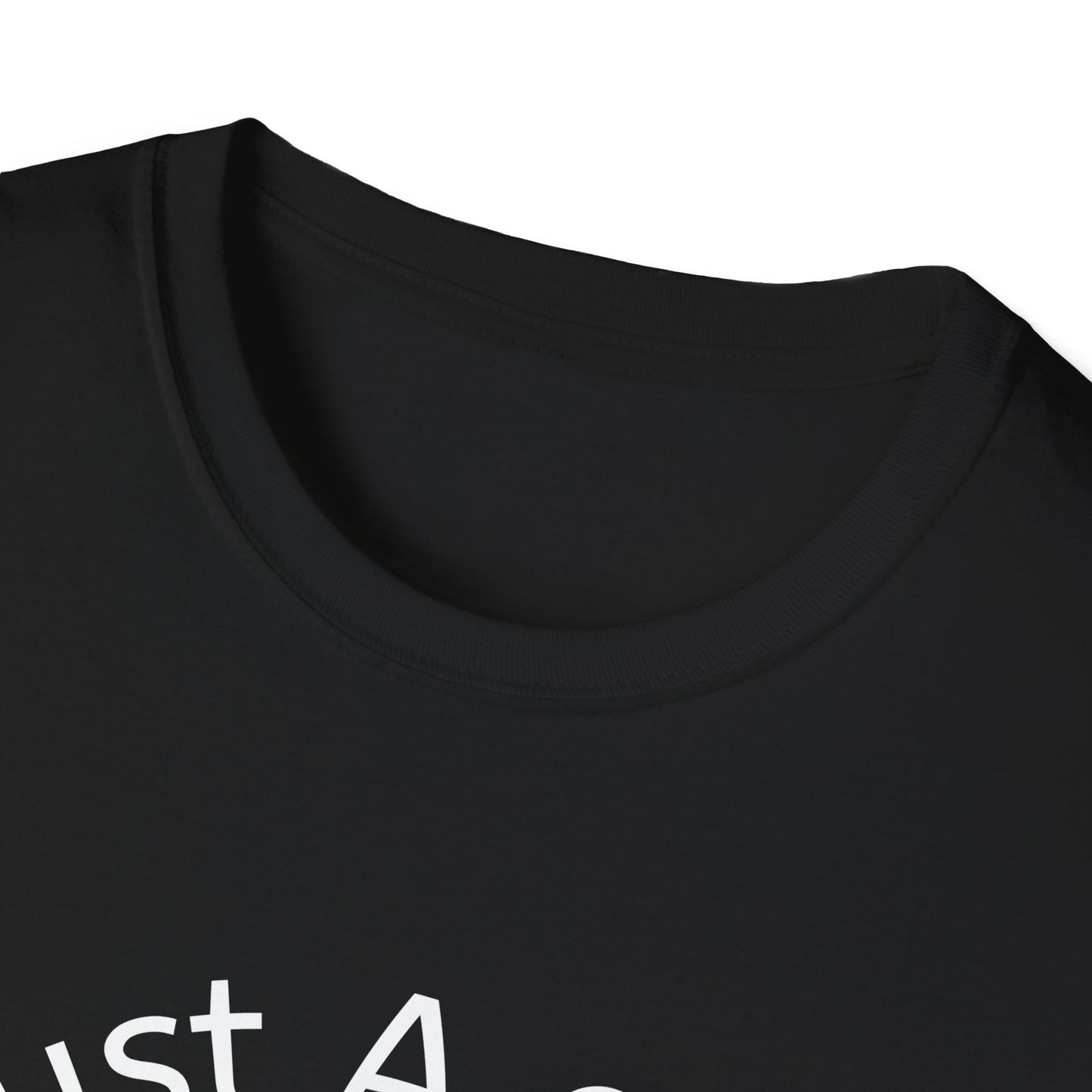Close-up collar of a black t-shirt with text on a white background