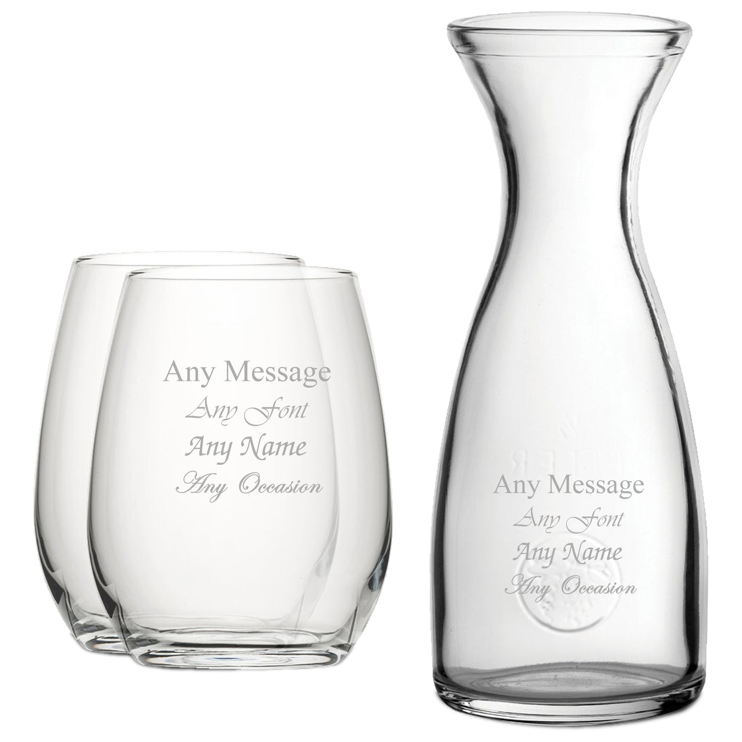 Personalised Engraved Set of 2 Stemless Wine Glass and 1 Litre Carafe Set Image 1