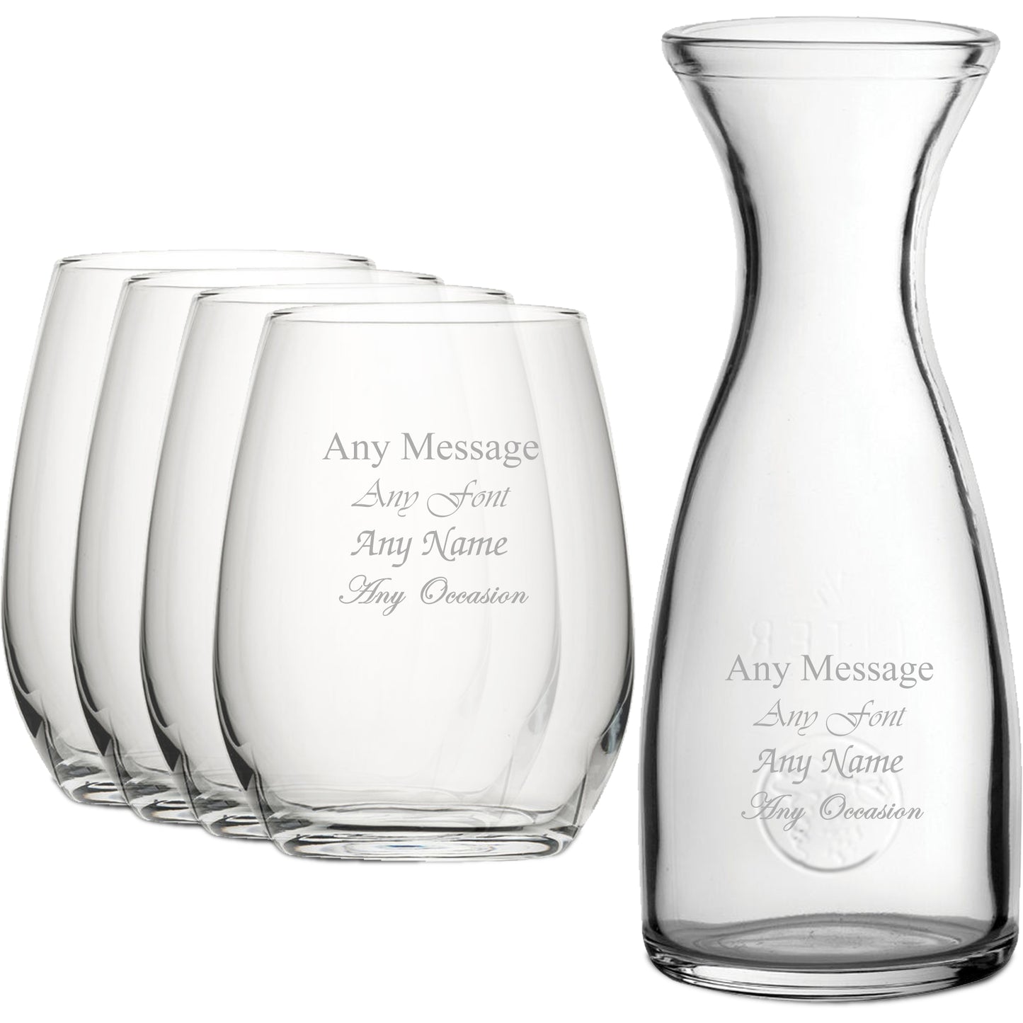 Personalised Engraved Set of 4 Stemless Wine Glass and 1 Litre Carafe Set Image 1