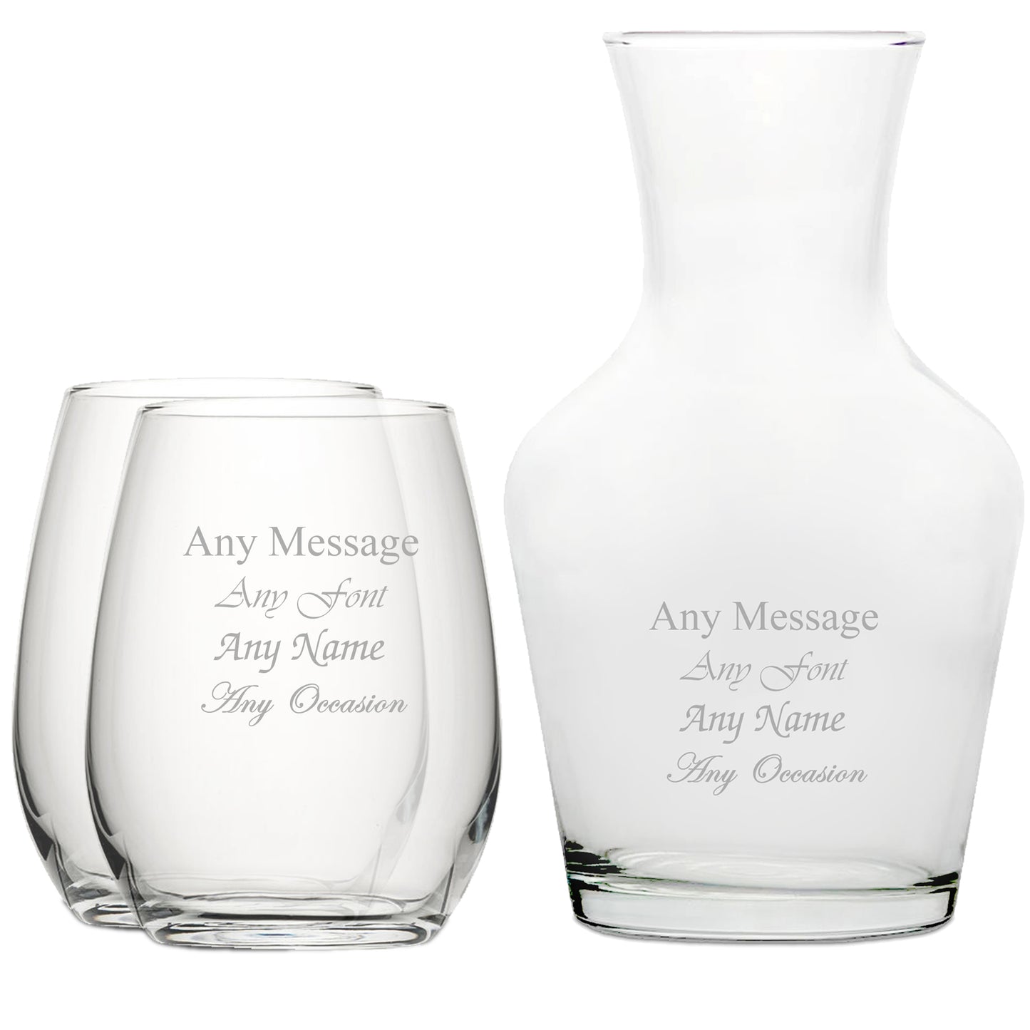 Personalised Engraved Set of 2 Stemless Wine Glass and 1 Litre Vin Carafe Set Image 1