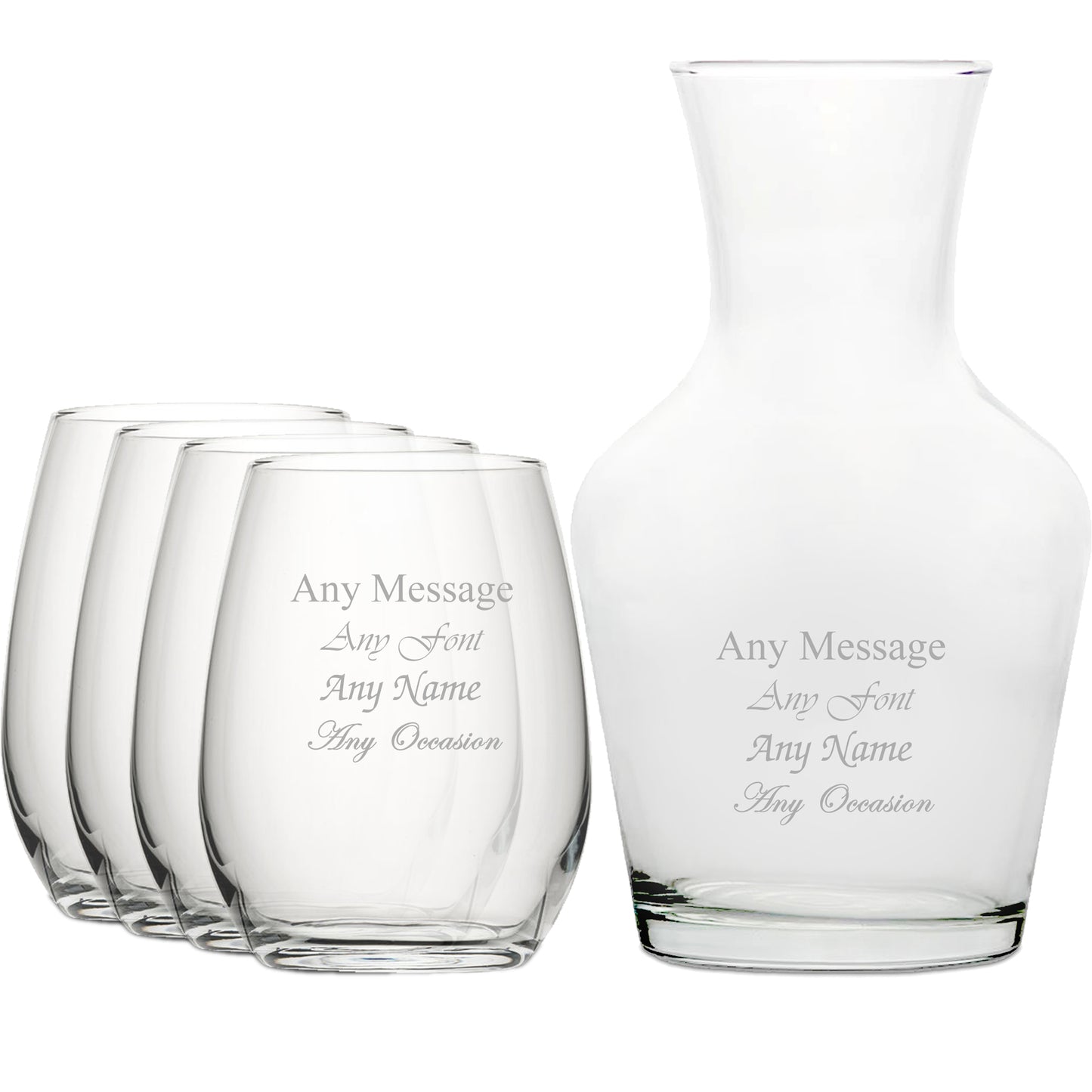 Personalised Engraved Set of 4 Stemless Wine Glass and 1 Litre Vin Carafe Set Image 1