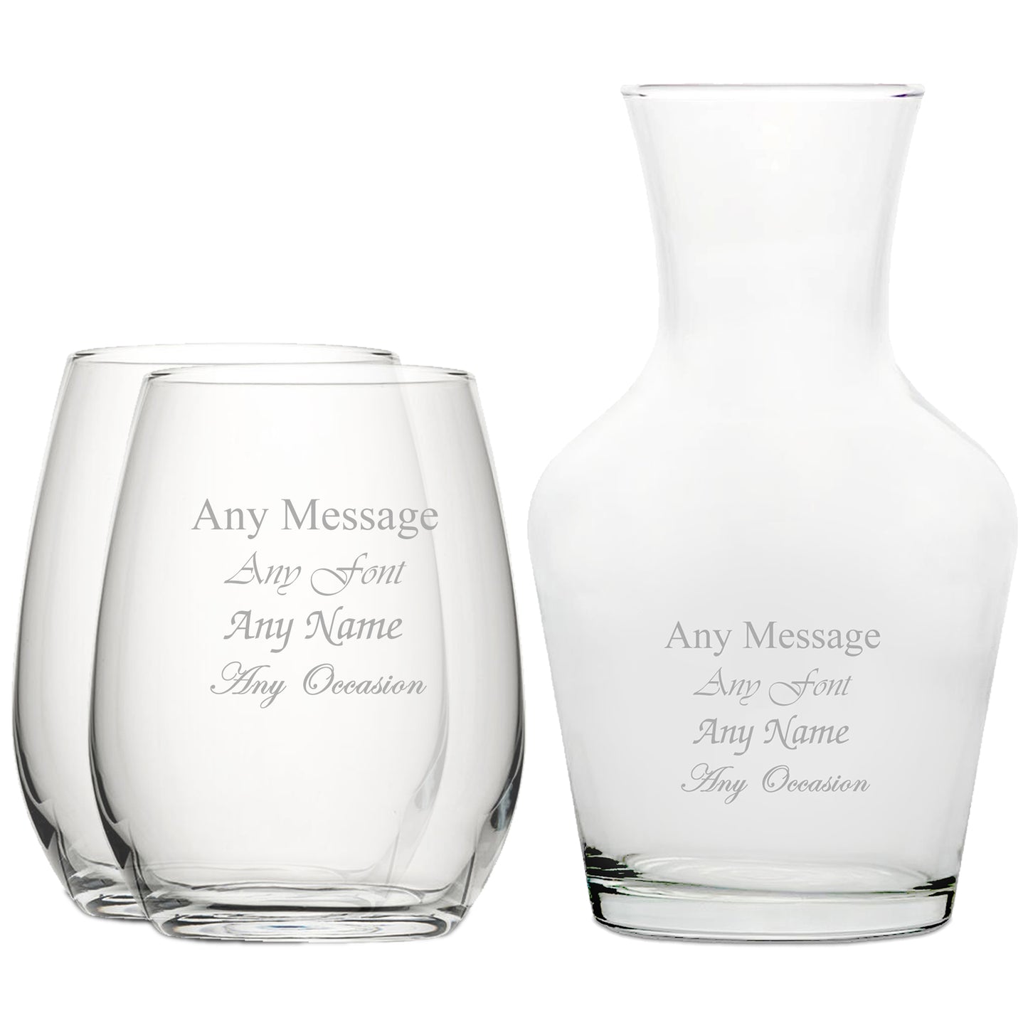 Personalised Engraved Set of 2 Stemless Wine Glass and 500ml Vin Carafe Set Image 1