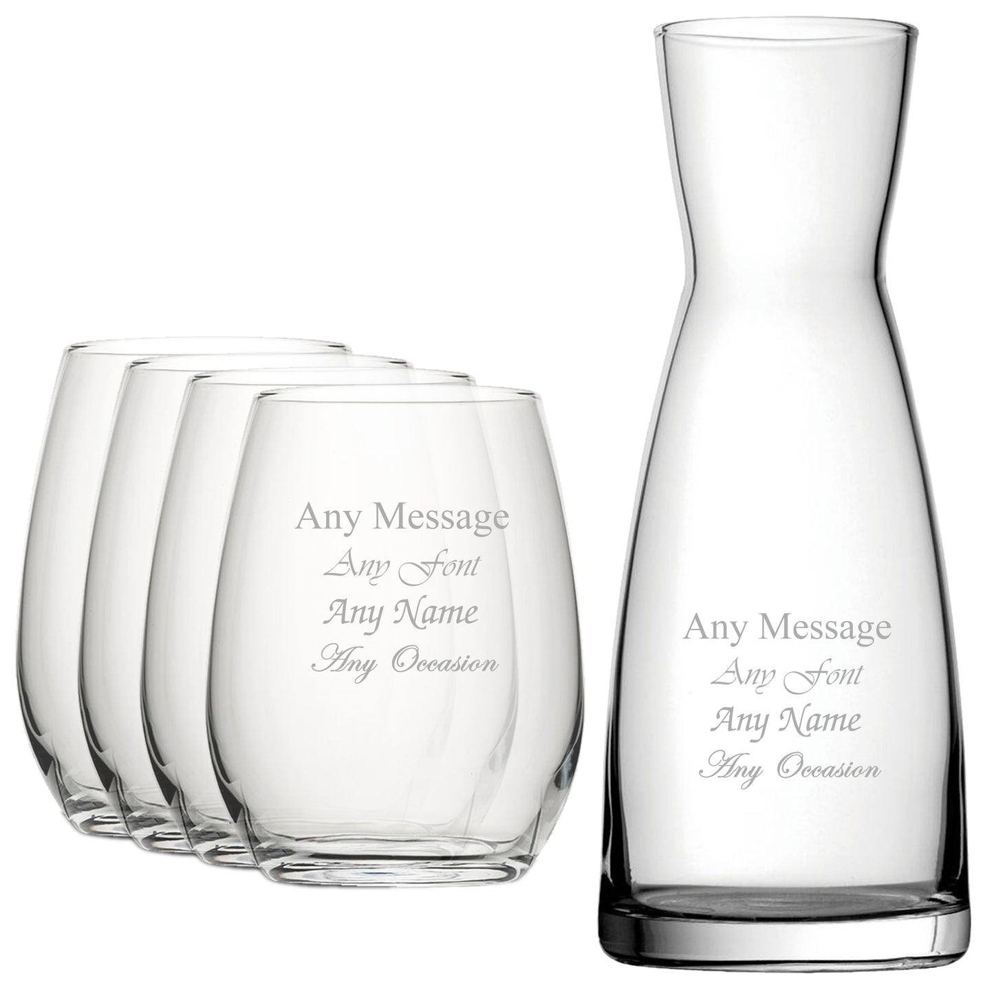 Personalised Engraved Set of 4 Stemless Wine Glass and Contemporary Carafe Set Image 1