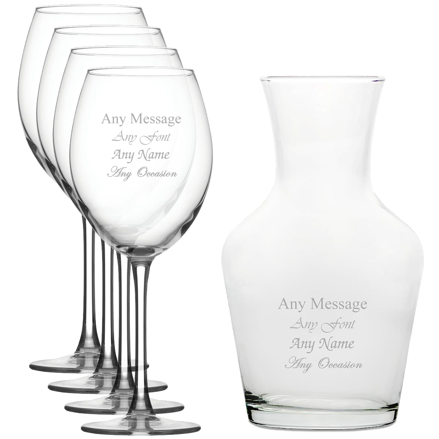 Personalised Engraved Set of 4 Enoteca Wine Glass and 1 Litre Vin Carafe Set Image 1