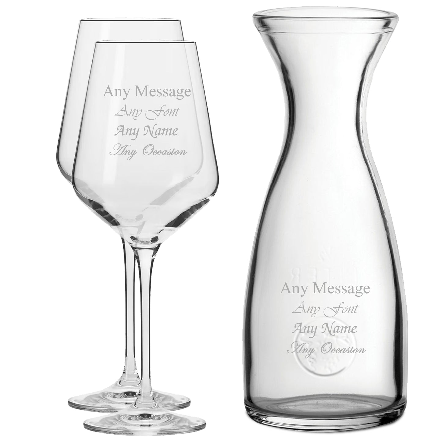 Personalised Engraved Set of 2 Infinity Wine Glass and 1 Litre Carafe Set Image 1