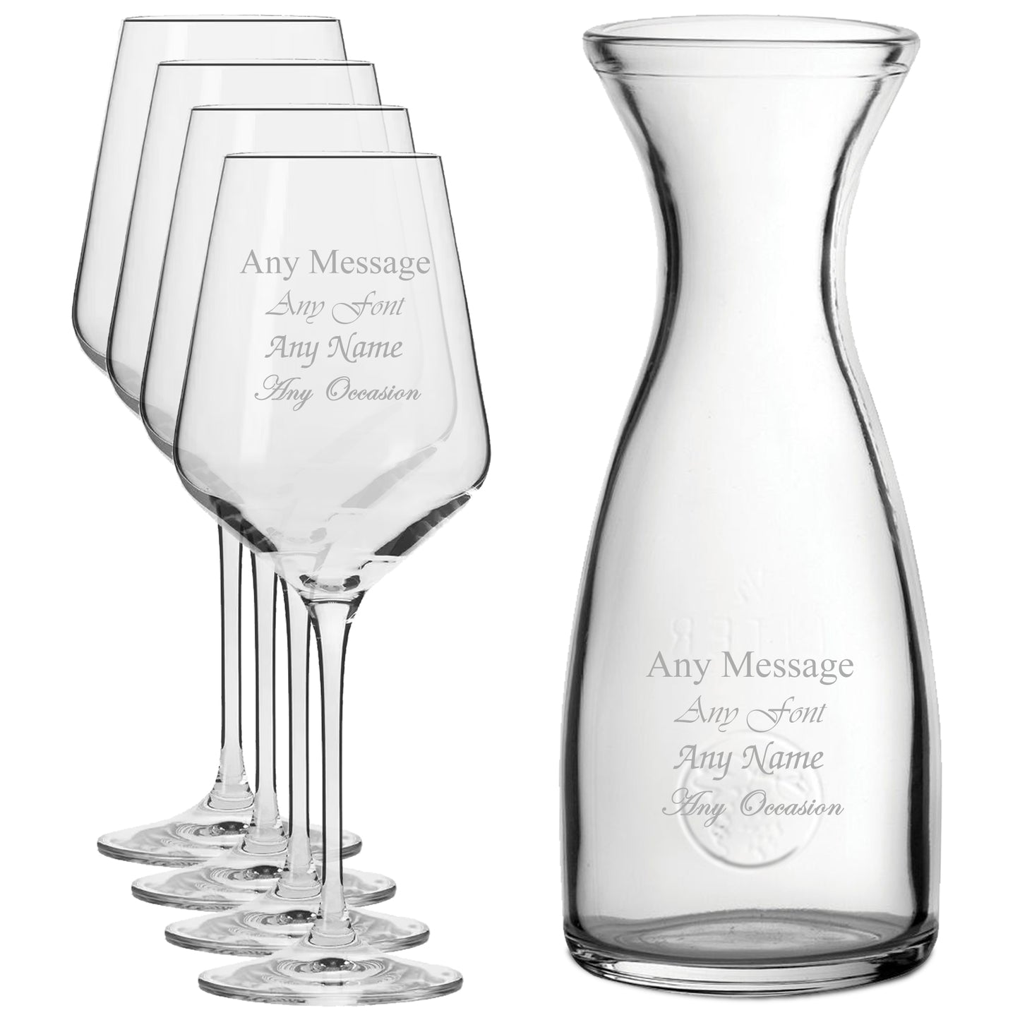 Personalised Engraved Set of 4 Infinity Wine Glass and 1 Litre Carafe Set Image 1
