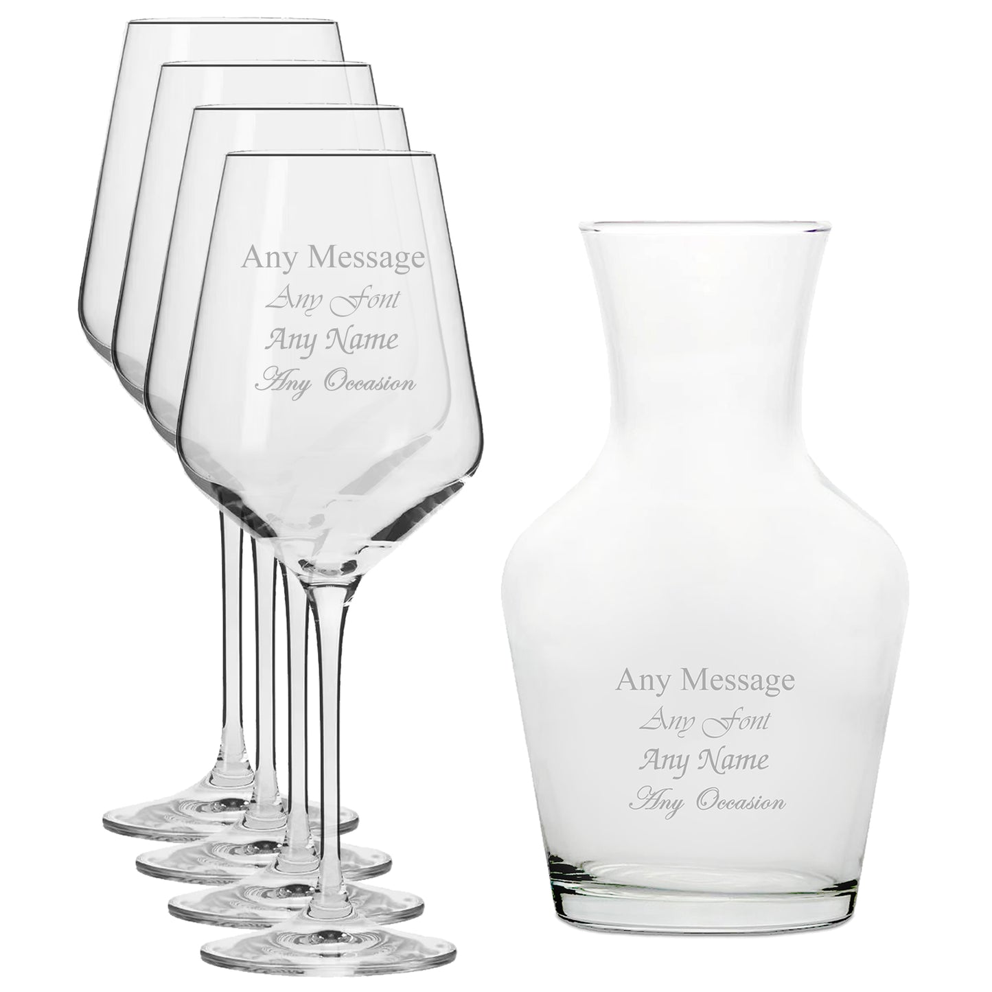 Personalised Engraved Set of 4 Infinity Wine Glass and 500ml Vin Carafe Set Image 1