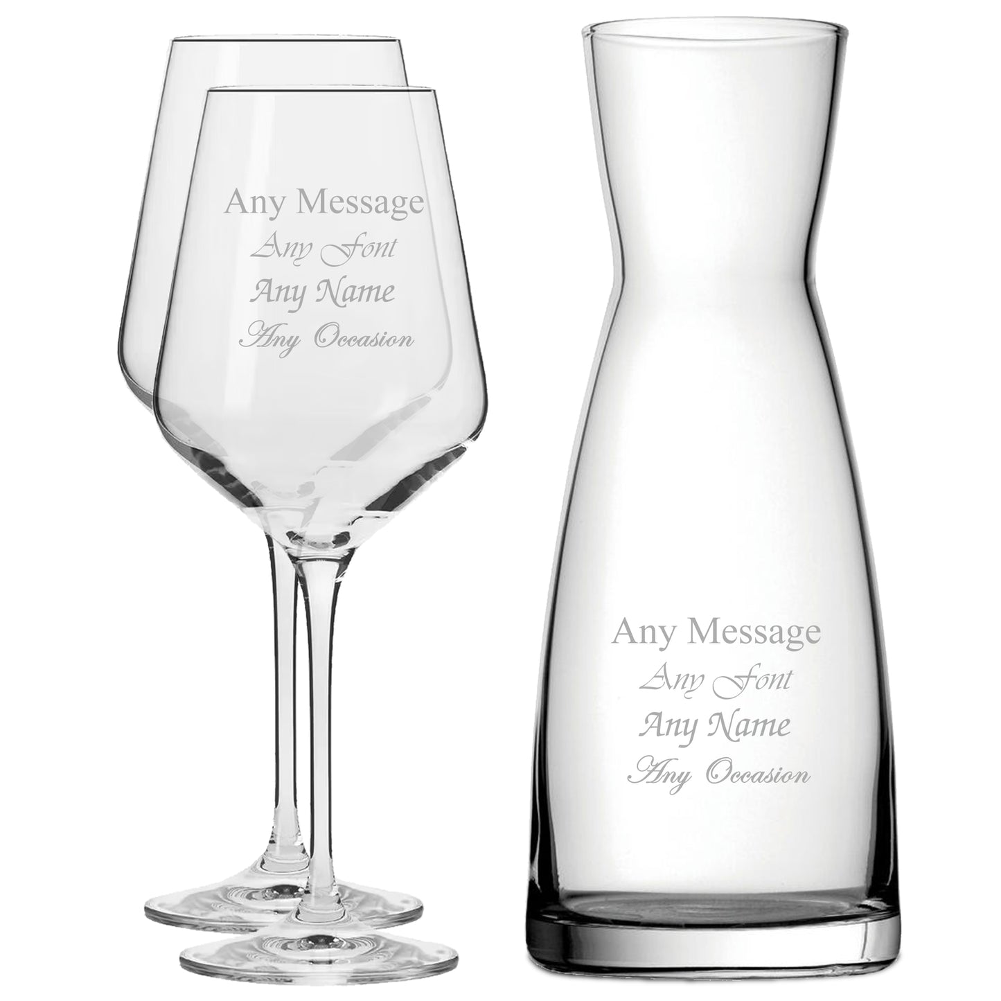 Personalised Engraved Set of 2 Infinity Wine Glass and Contemporary Carafe Set Image 1