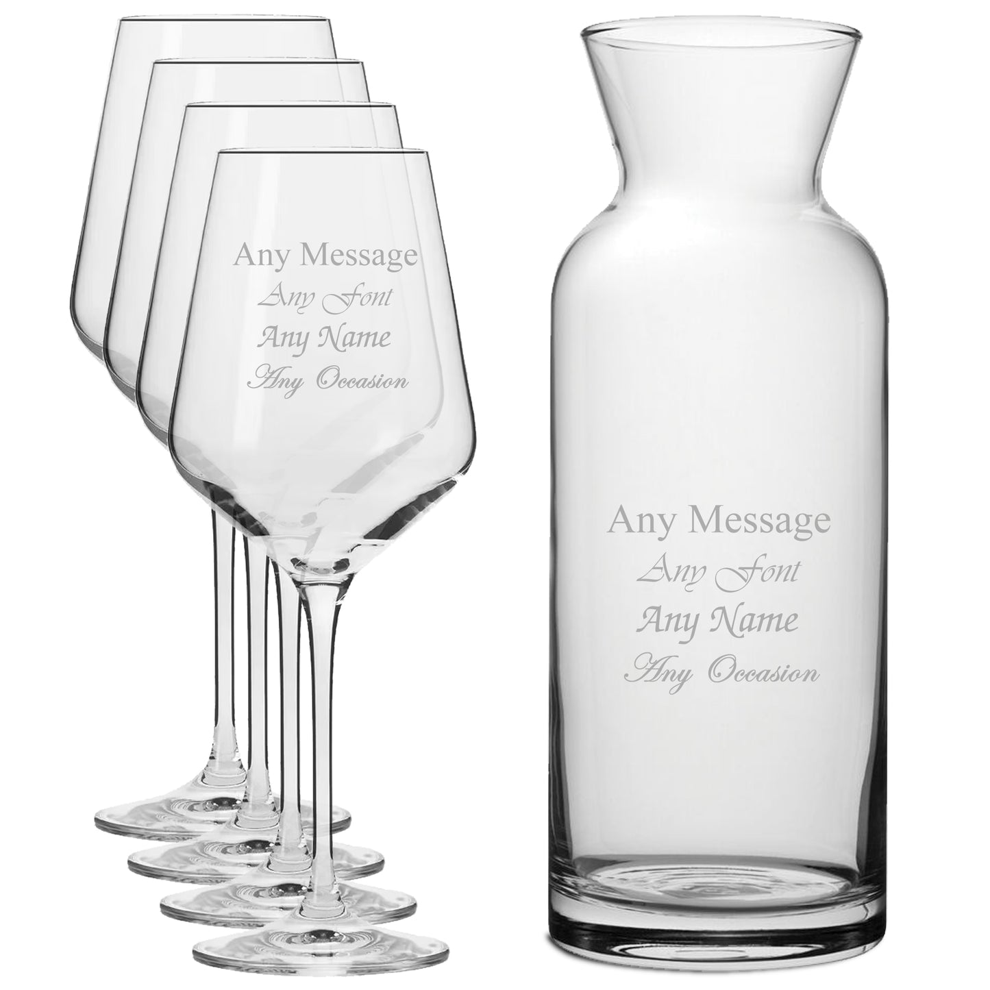 Personalised Engraved Set of 4 Infinity Wine Glass and Village Carafe Set Image 1