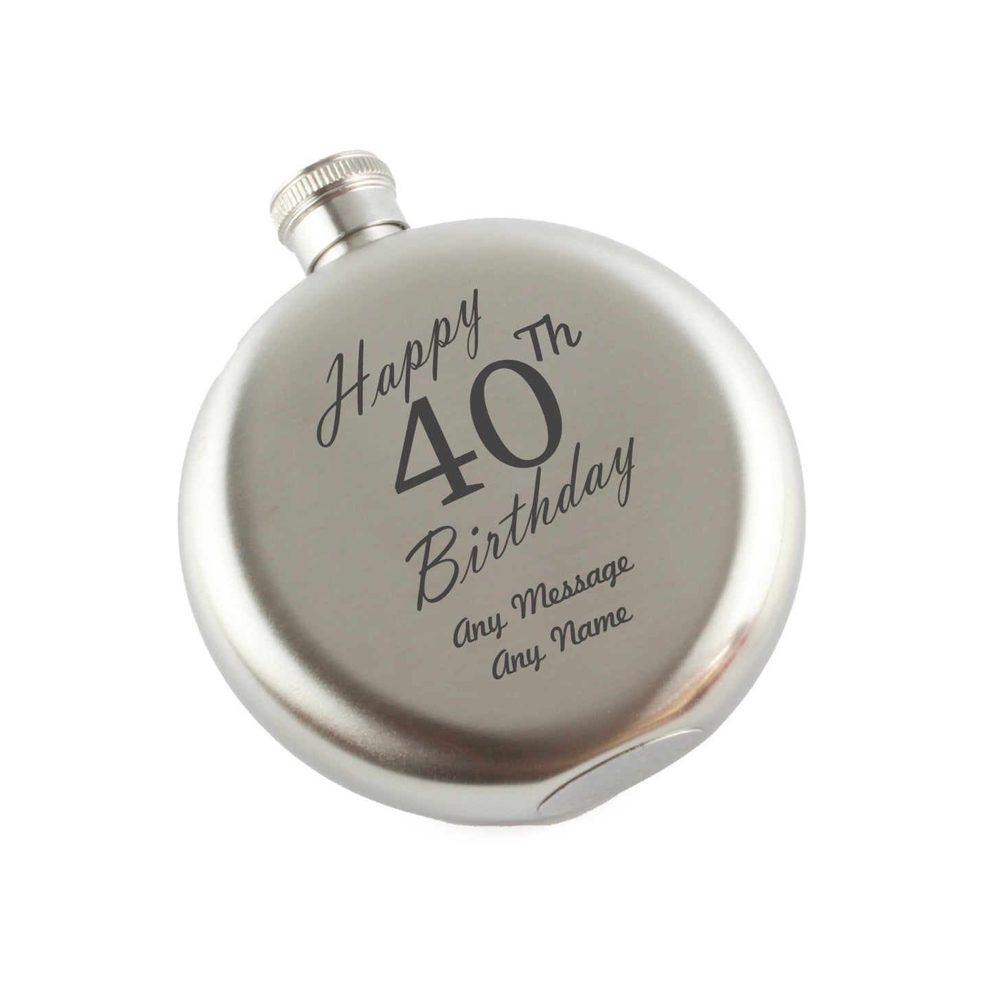 Engraved 5oz Round Steel Hip Flask Happy 40th Birthday Image 1