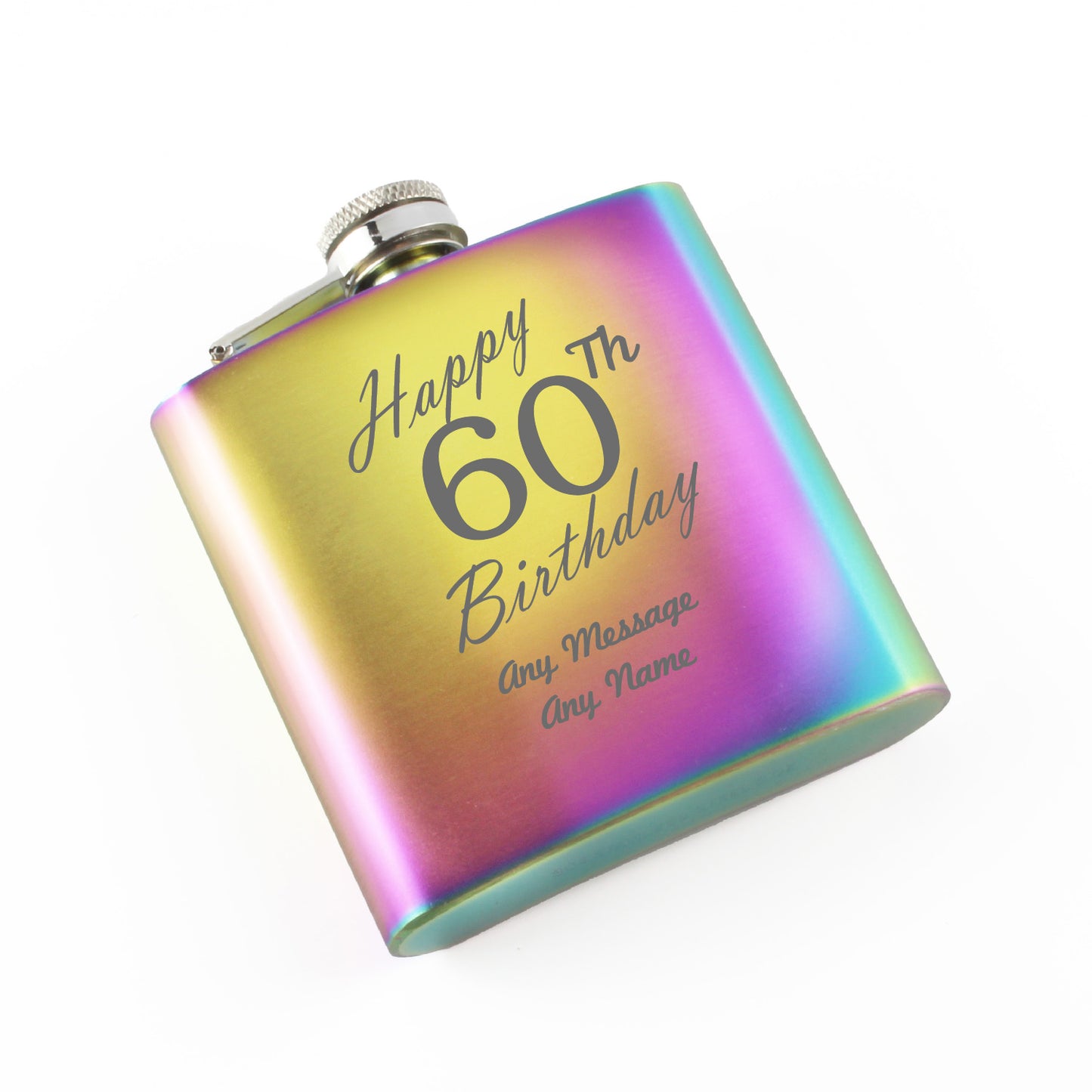Engraved 6oz Rainbow Steel Hip Flask Happy 60th Birthday Image 1