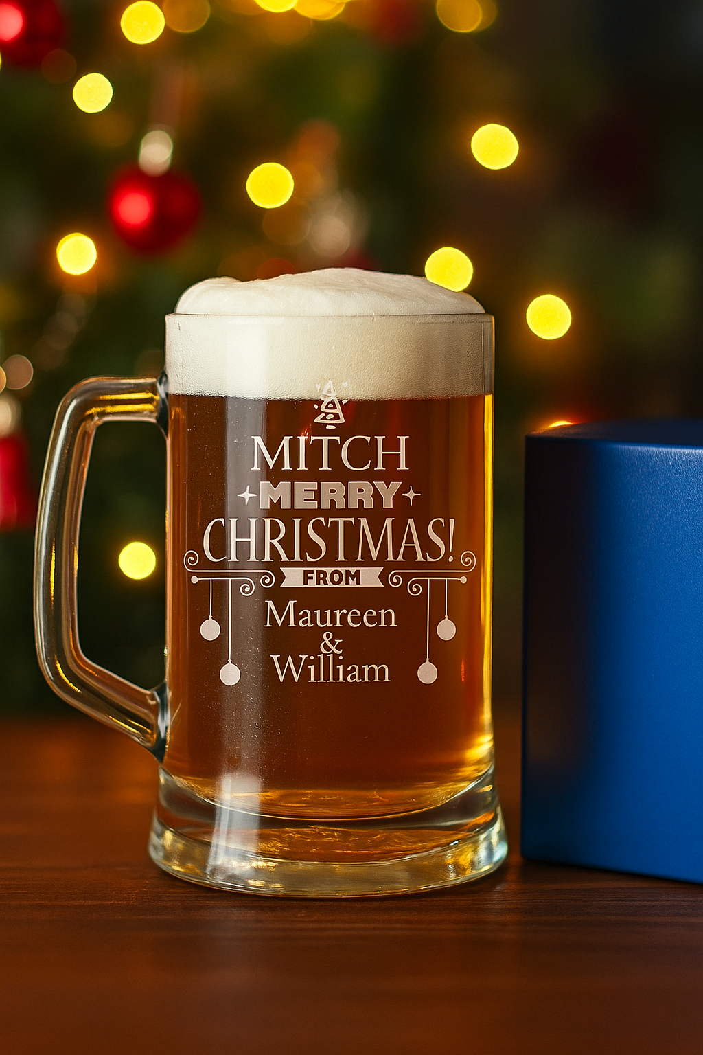 Personalized beer mug with Christmas message against a festive background