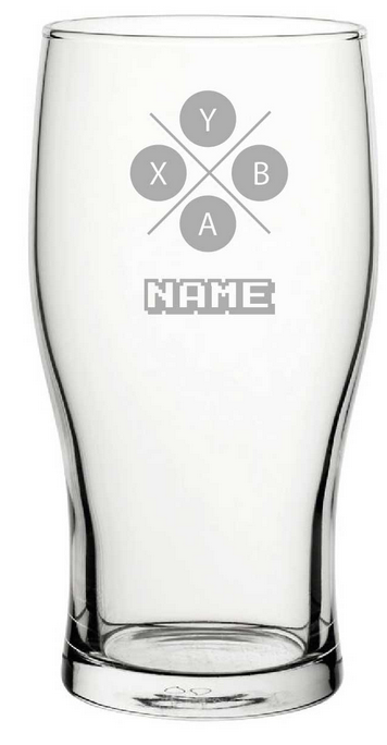 Clear Engraved Pint Glass with X controller Button Design, Gift Boxed, Personalise with any name for any gamer
