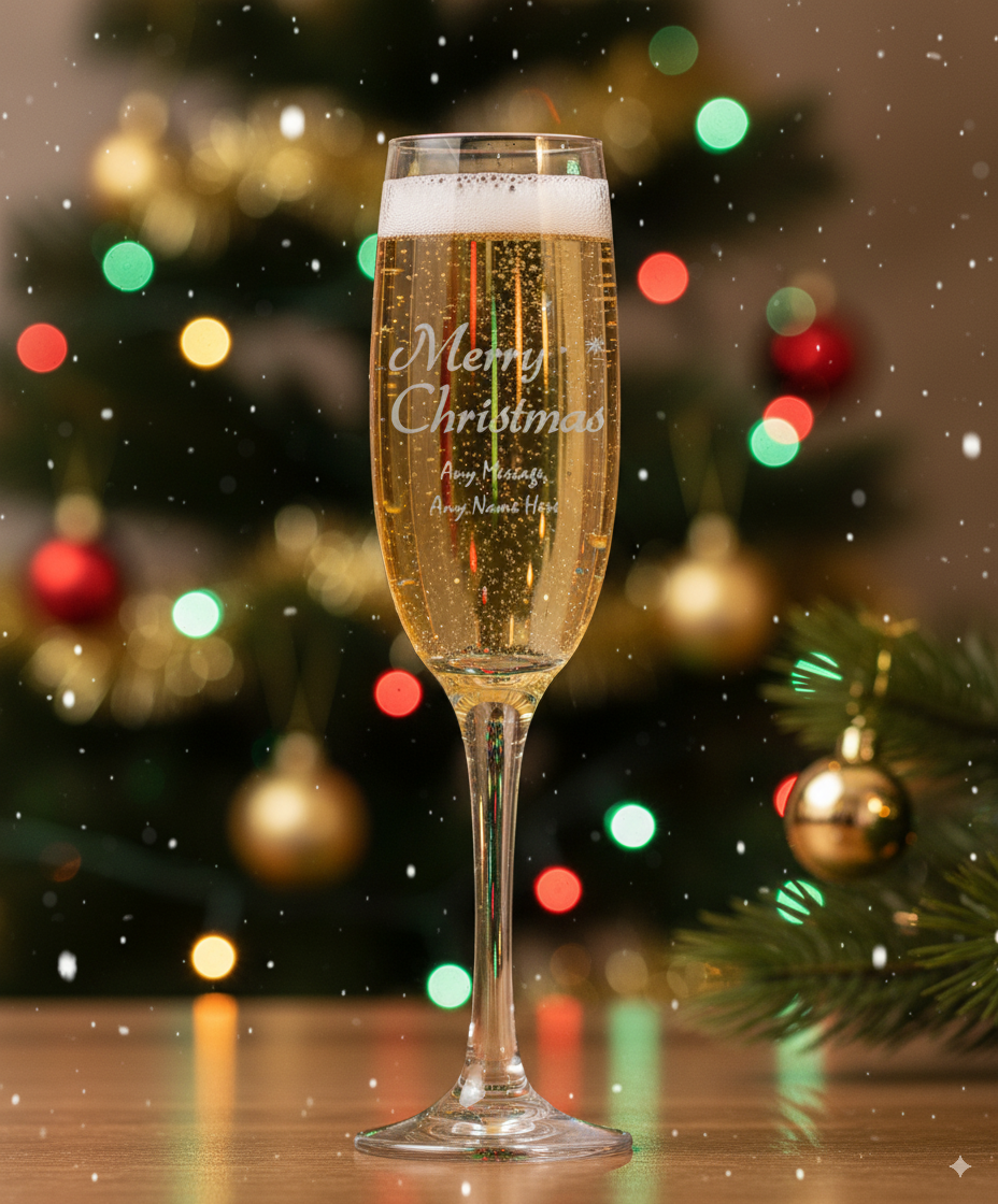Champagne flute with 'Merry Christmas' text in front of a decorated Christmas tree.