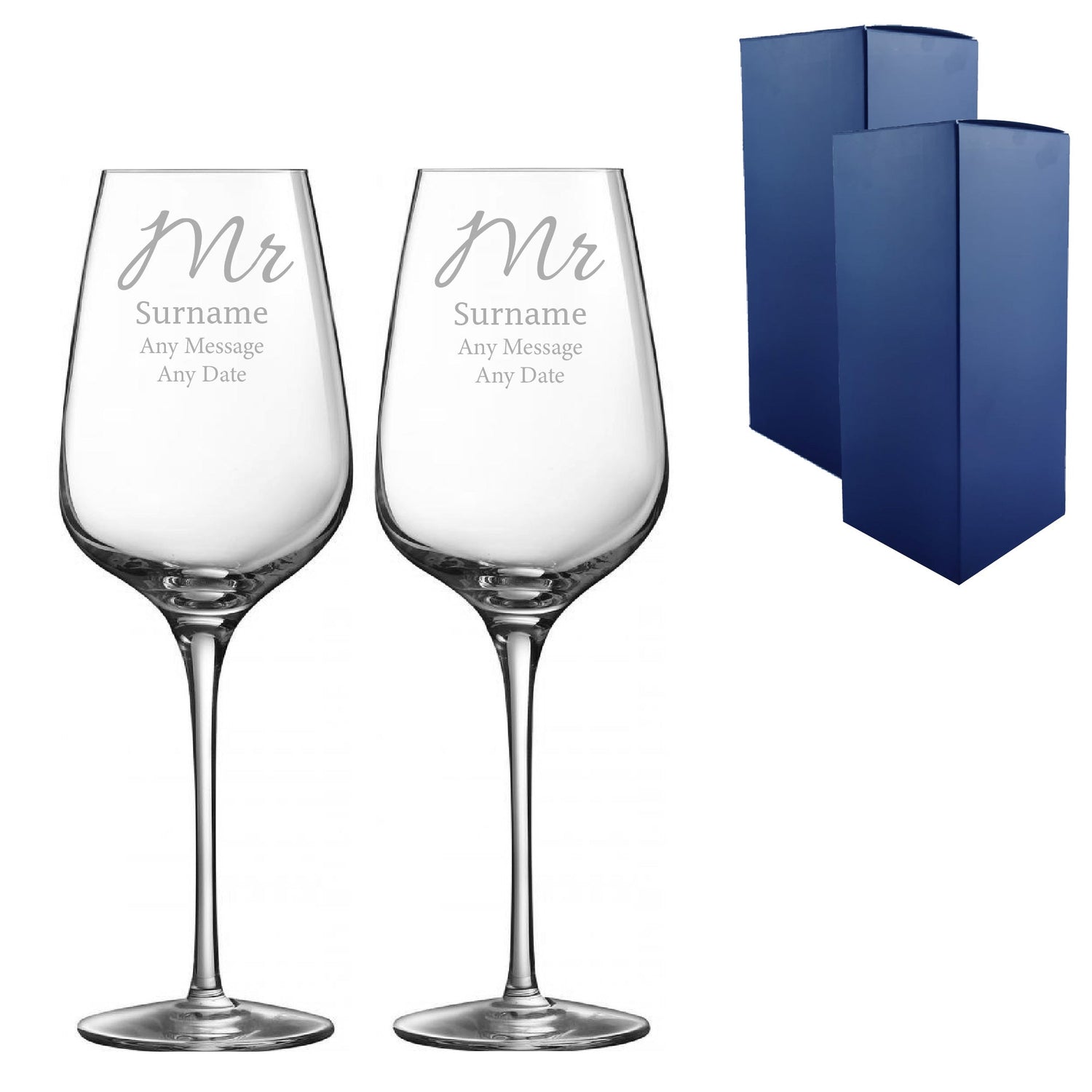 Engraved Mrs and Mrs Sublym Wine Glasses, 