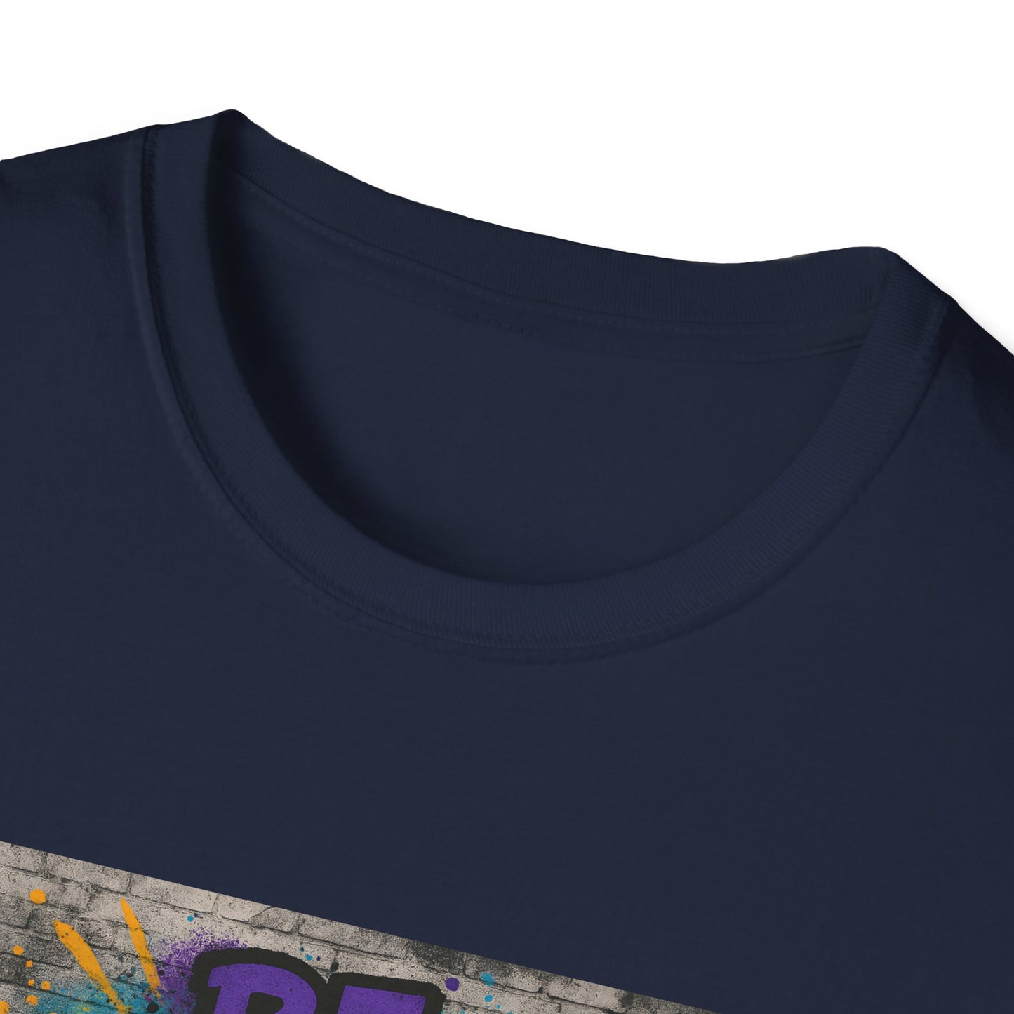 Navy blue t-shirt with colorful graphic design on a white background