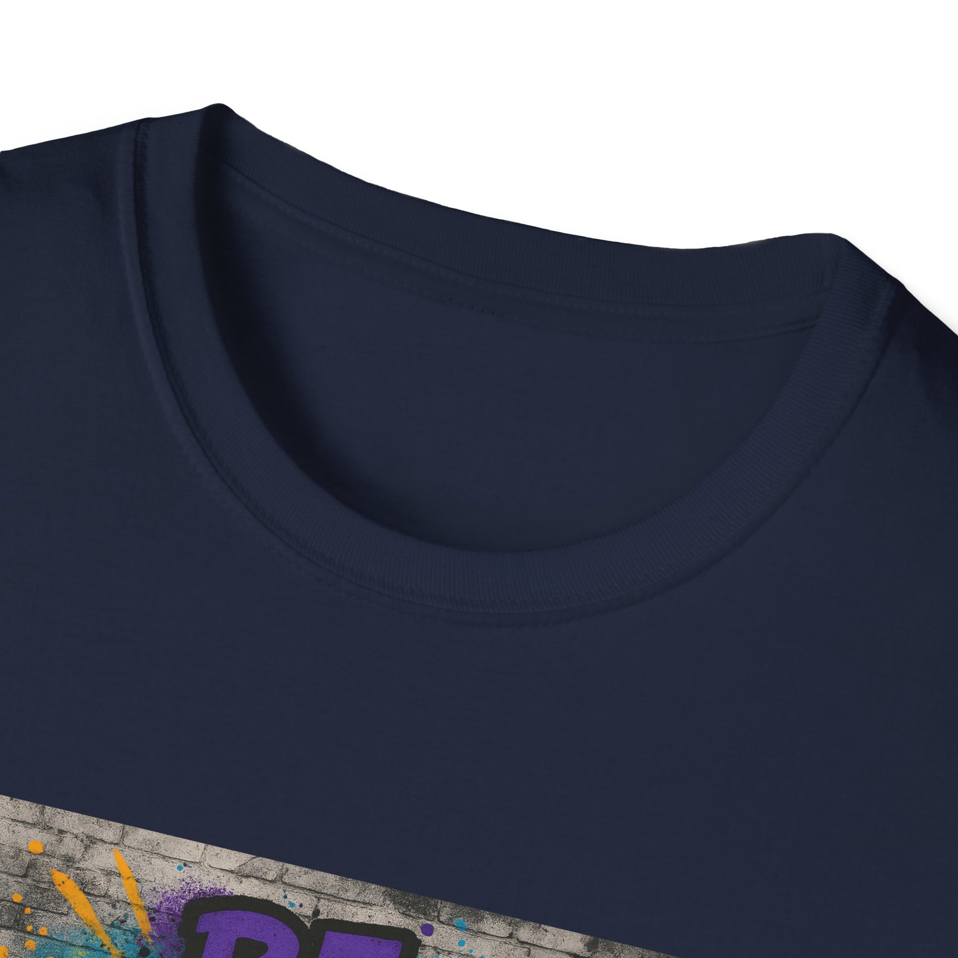 Navy blue t-shirt with colorful graphic design on a white background