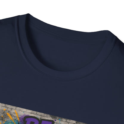Navy blue t-shirt with colorful graphic design on a white background