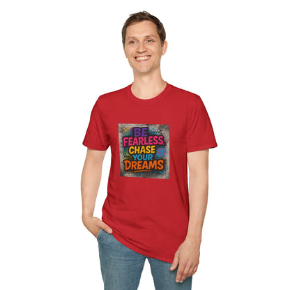 Person wearing a red t-shirt with motivational quote on a white background