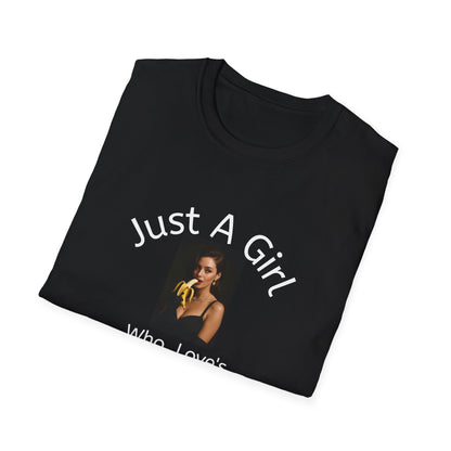 Folded black t-shirt with text and a graphic on a white background