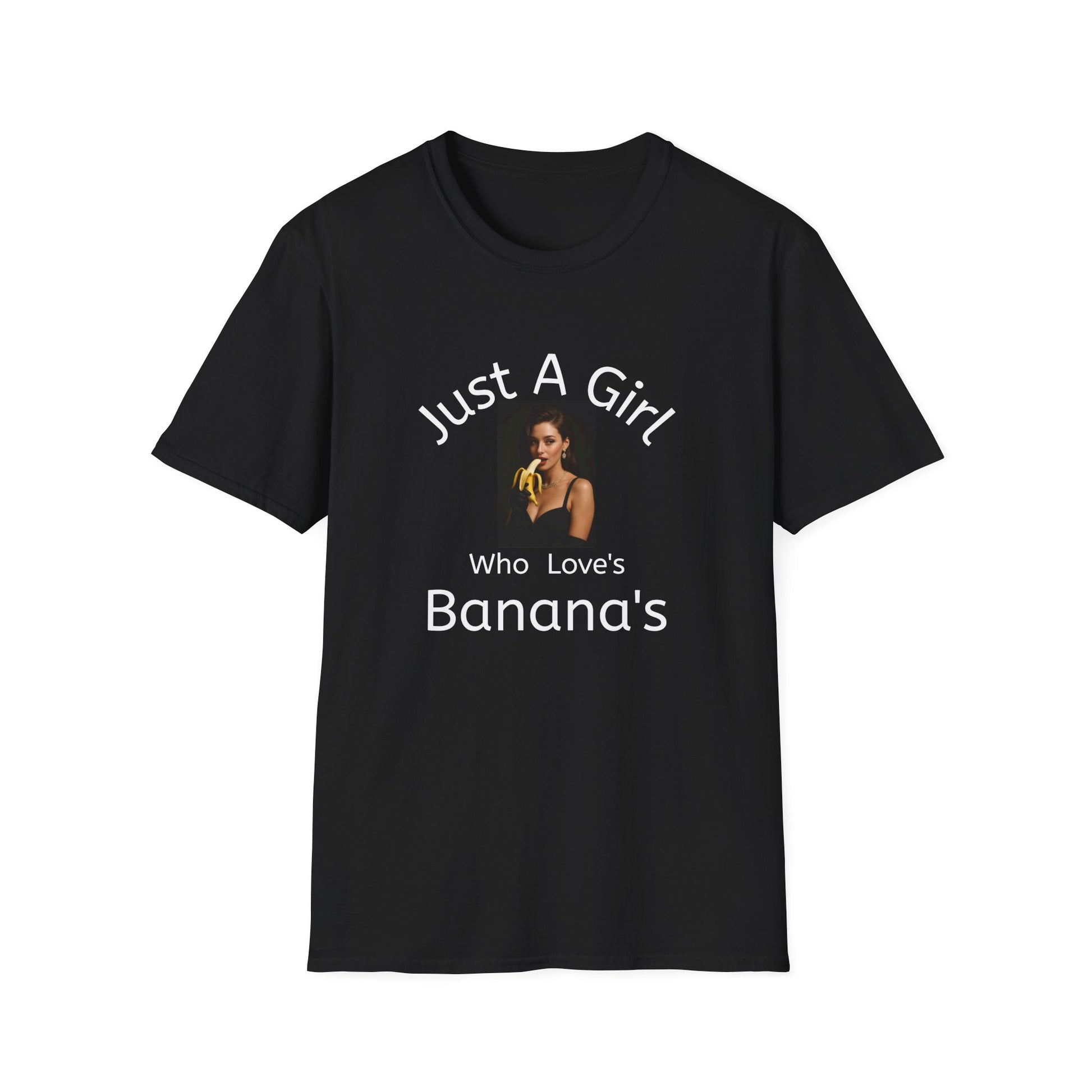 Black t-shirt with a graphic of a woman  eating a banana and text on a white background