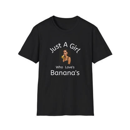 Black t-shirt with a graphic of a woman  eating a banana and text on a white background