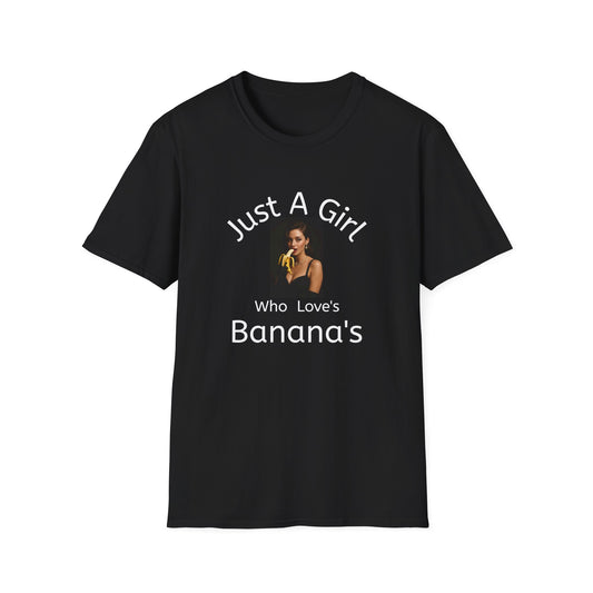 Black t-shirt with a graphic of a woman  eating a banana and text on a white background