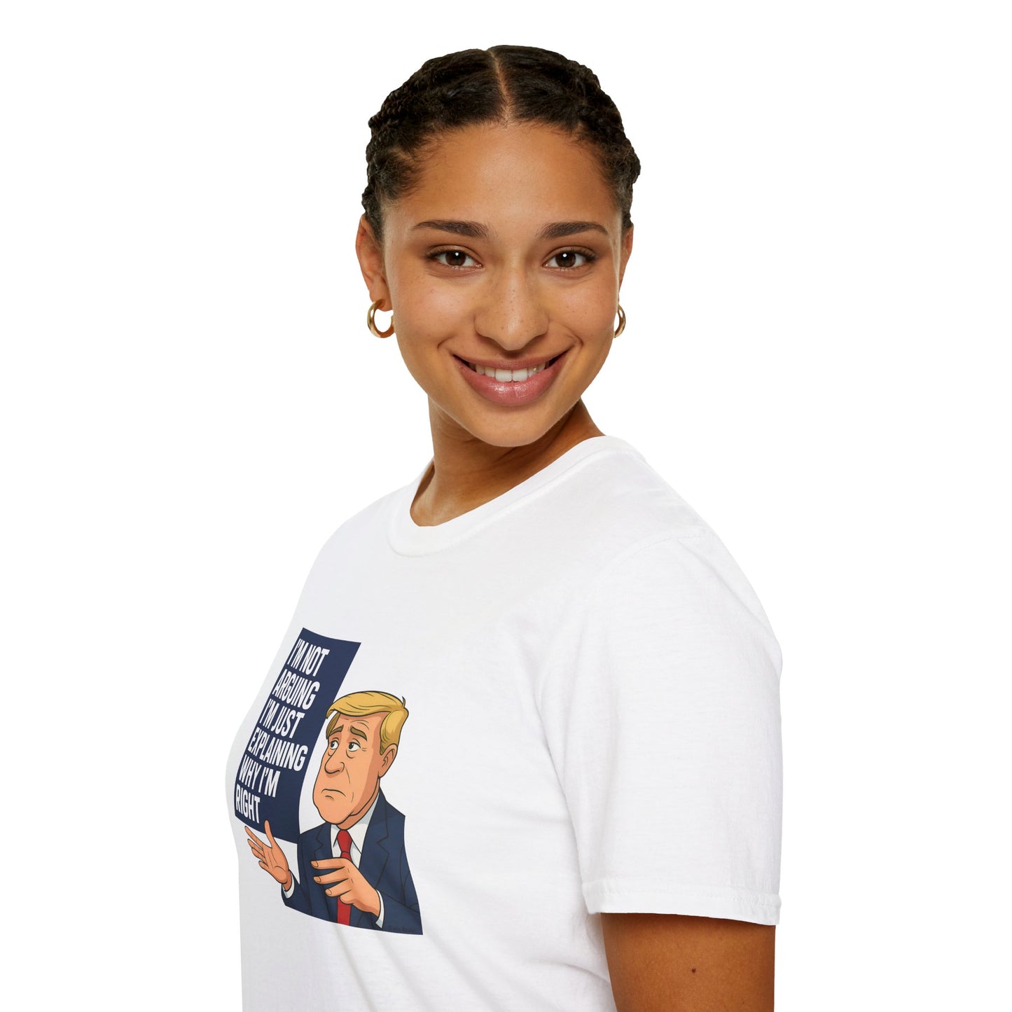 Person wearing a white t-shirt with a graphic design on a white background