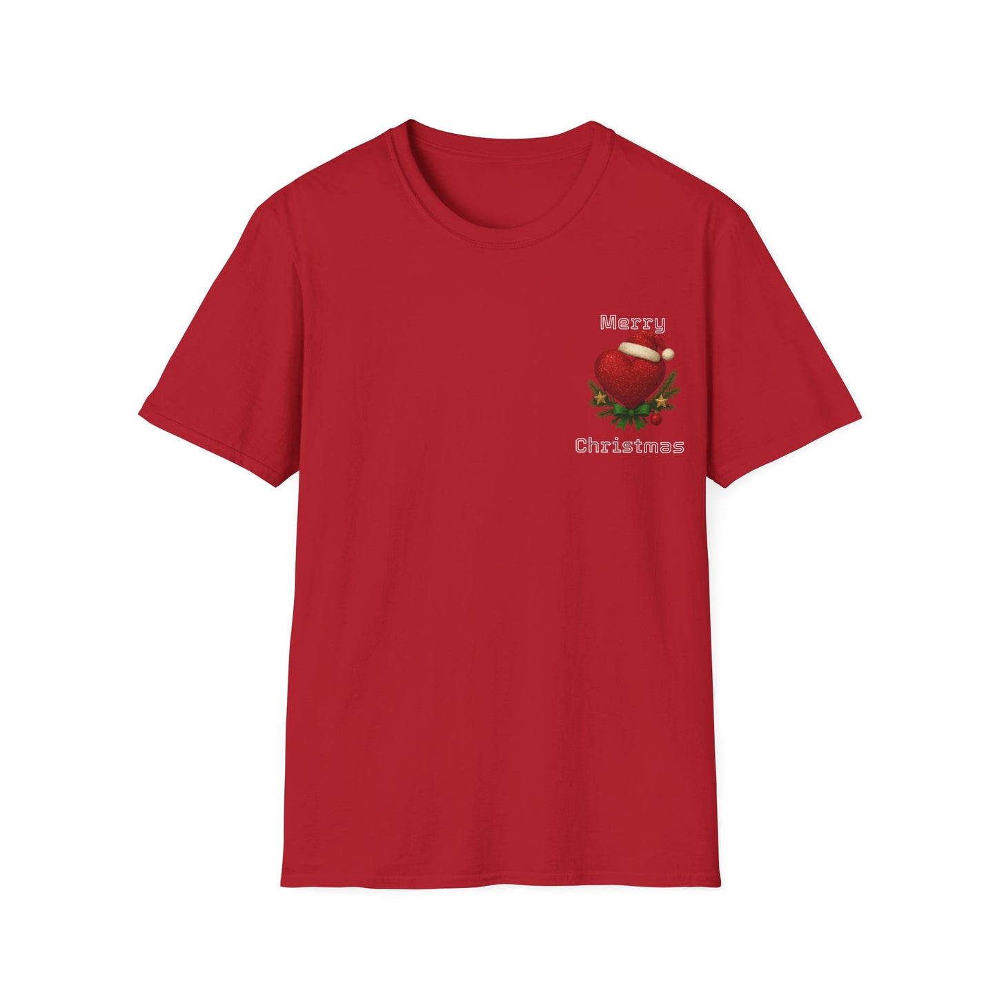 Red t-shirt with a Christmas-heart themed design on a white 