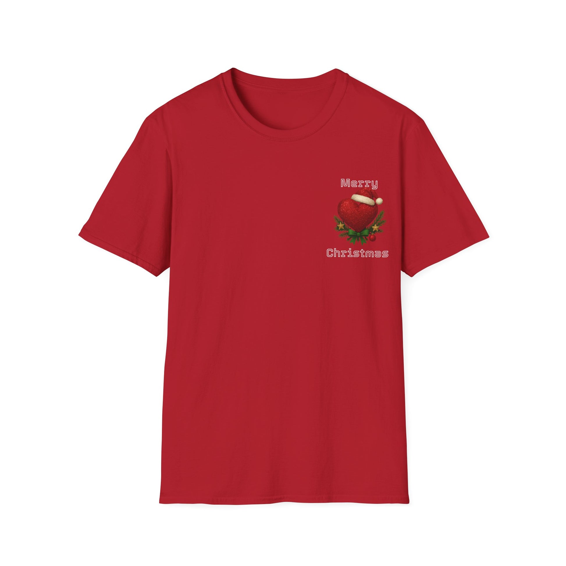 Red t-shirt with a Christmas-heart themed design on a white 