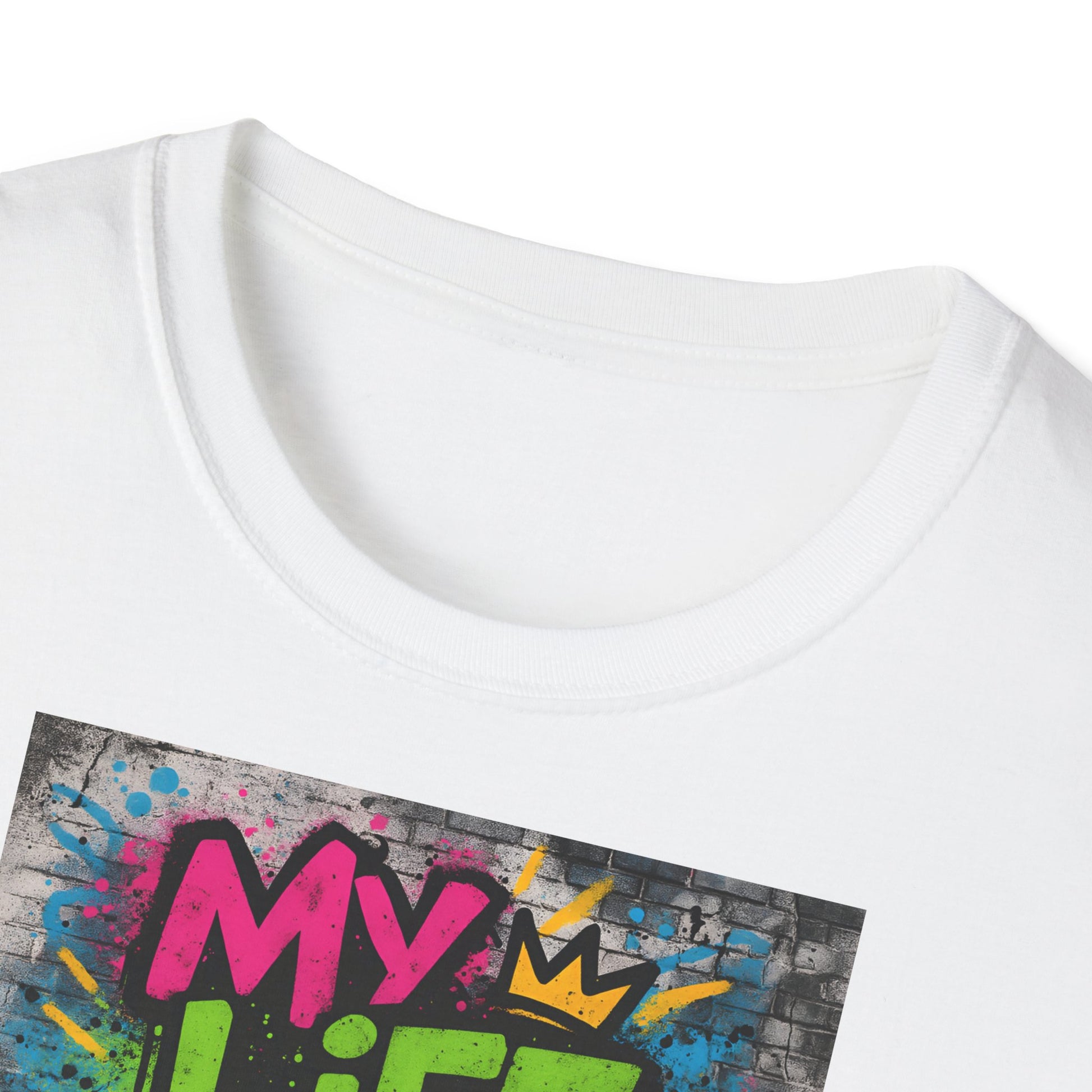 White t-shirt with colorful graphic design on a white background
