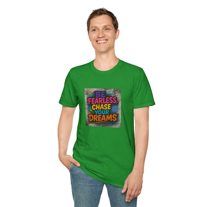Person wearing a green t-shirt with motivational quote on a white background