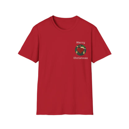 Red t-shirt with a Christmas wreath design on a white background