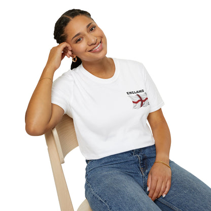 Woman wearing a white t-shirt with 'England' and a flag design, sitting on a chair.